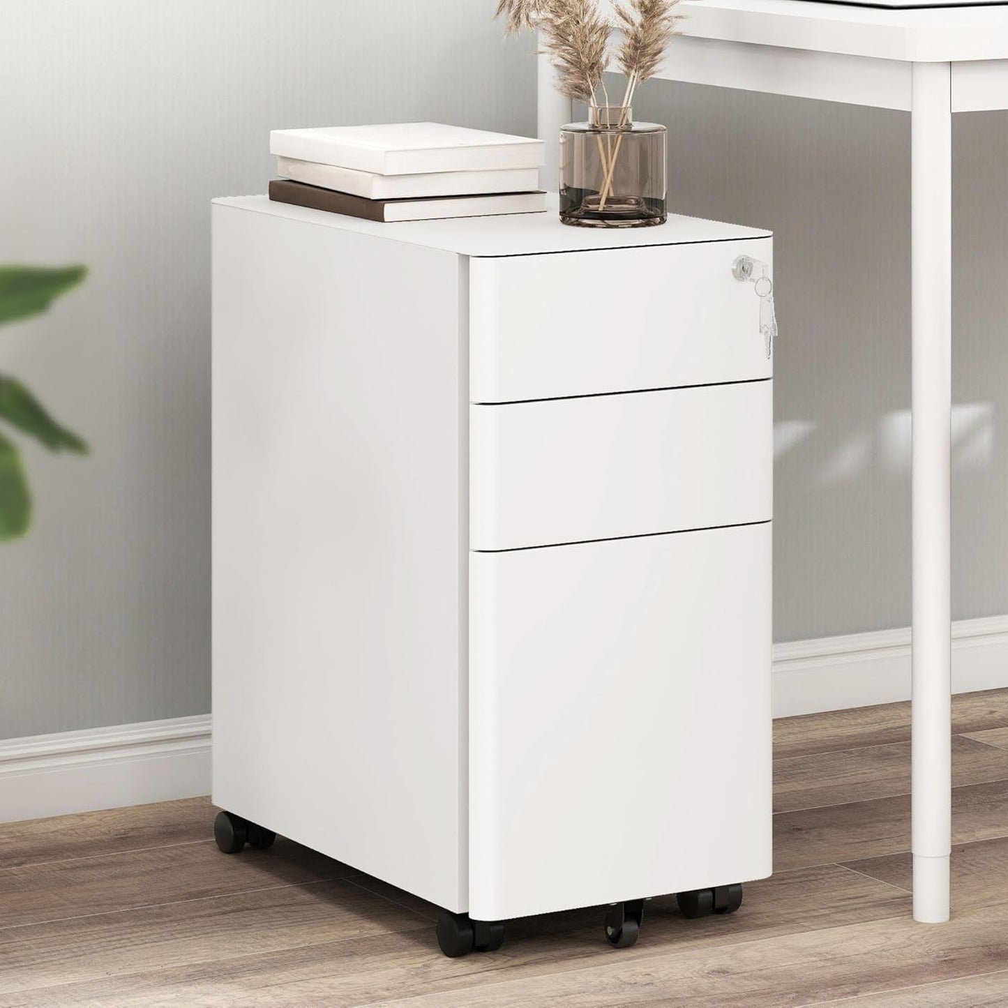 VIYET 3-Drawer Mobile File Cabinet with Lock - All-Steel Anti-Tip Design, Shallow + Deep Drawer, White for Office/Home (Fits A4/Letter)