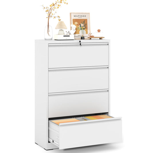 VIYET White 4-Drawer Lateral File Cabinet with Lock, Large Capacity Metal Filing Cabinet for Home Office, Fits Letter, Legal & A4 Files