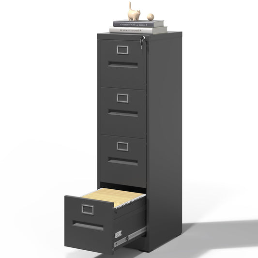 VIYET 52"H 4-Drawer Narrow Metal Vertical File Cabinet with Lock, Black, Fits A4/Letter/Legal, Home Office Steel Filing Cabinet