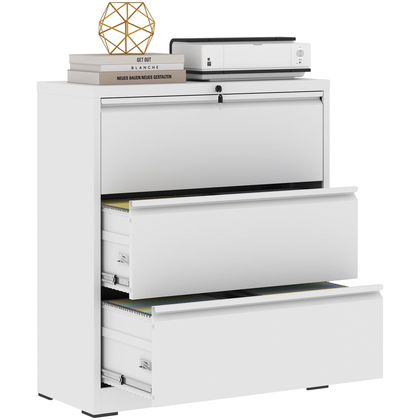 VIYET - 35"W 3-Drawer Lateral File Cabinet with Lock, Metal Filing Cabinet for Home Office, Fits Legal/Letter/A4/F4, White
