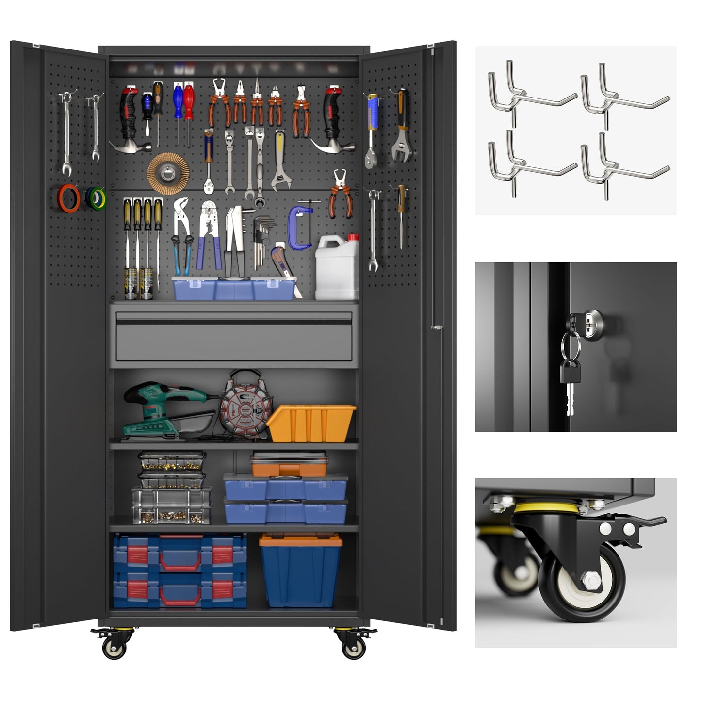 VIYET 71"H All-Black Heavy-Duty Metal Garage Storage Cabinet with Wheels, 700LBS Capacity, 2 Locking Doors + 3 Adjustable Shelves for Home/Office/Garage