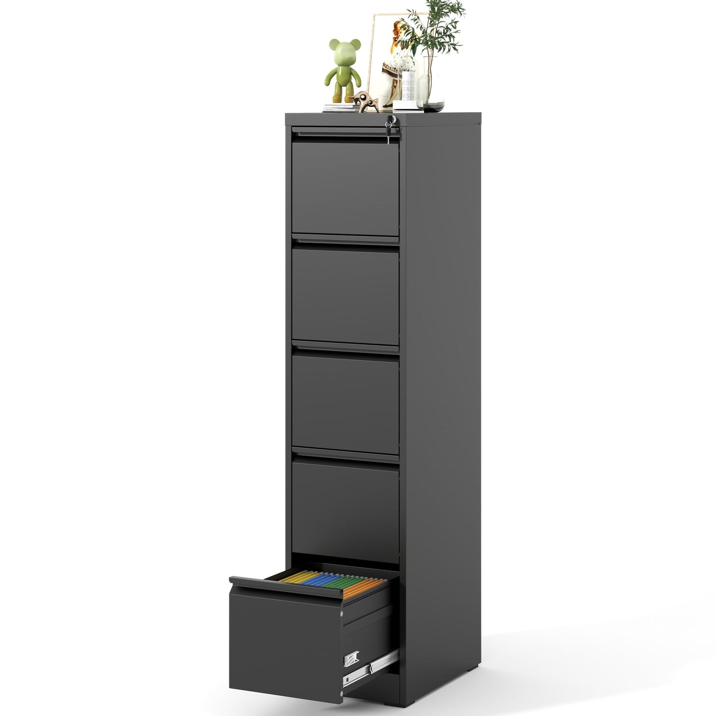 VIYET 64" Black 5-Drawer Vertical Metal File Cabinet with Lock, Tall Locking Filing Cabinet, Fits Letter Legal & A4 Files