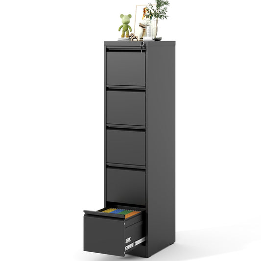 VIYET 64" Black 5-Drawer Vertical Metal File Cabinet with Lock, Tall Locking Filing Cabinet, Fits Letter Legal & A4 Files