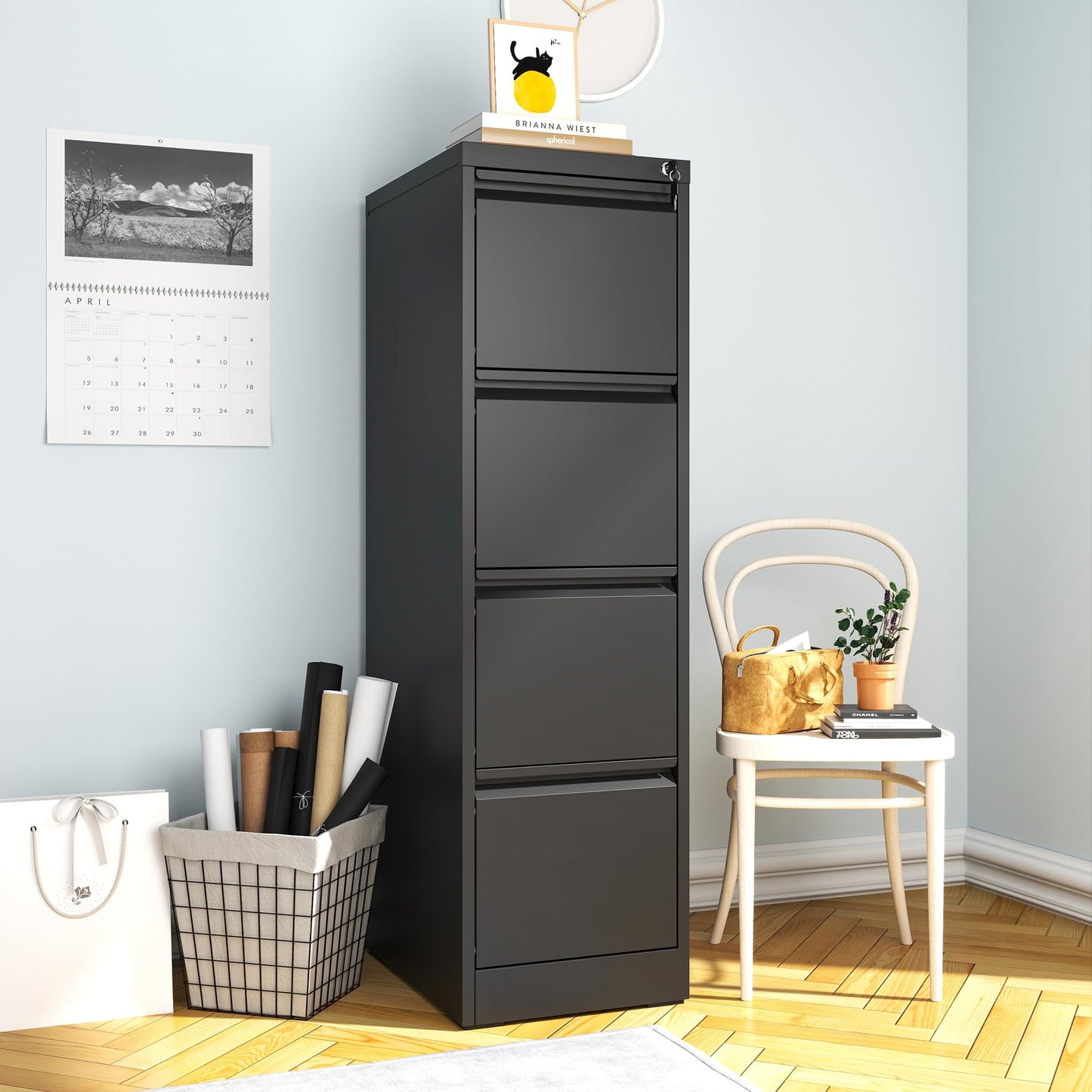 VIYET 52" Black Vertical 4-Drawer Metal File Cabinet with Lock, Tall Slim Locking Filing Cabinet for Home Office, Fits Letter, Legal & A4 Files