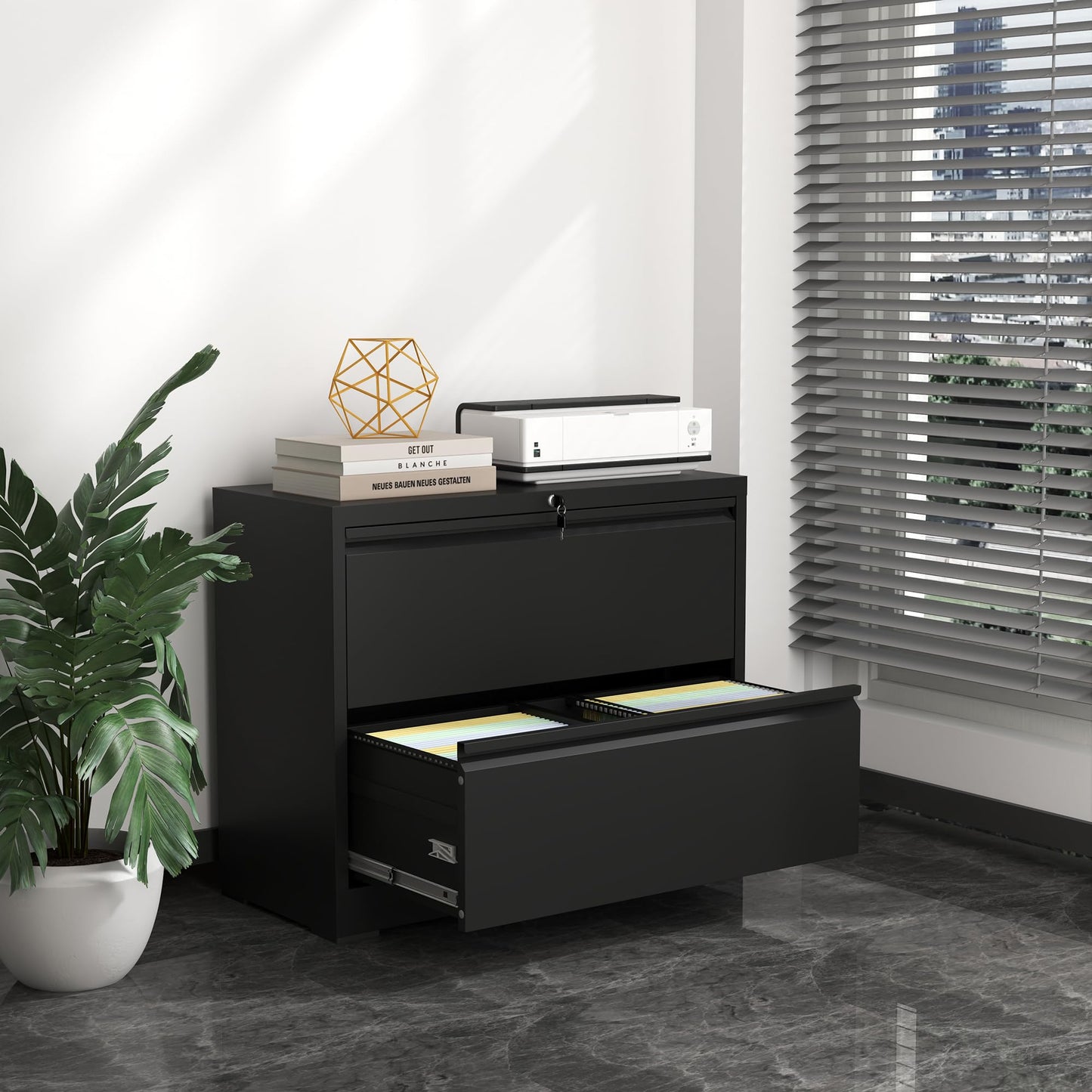 VIYET 28" 2-Drawer White Lateral File Cabinet with Lock - Heavy-Duty Steel Storage for Letter/Legal/A4/F4, 110lbs Per Drawer, Under Desk, Modern