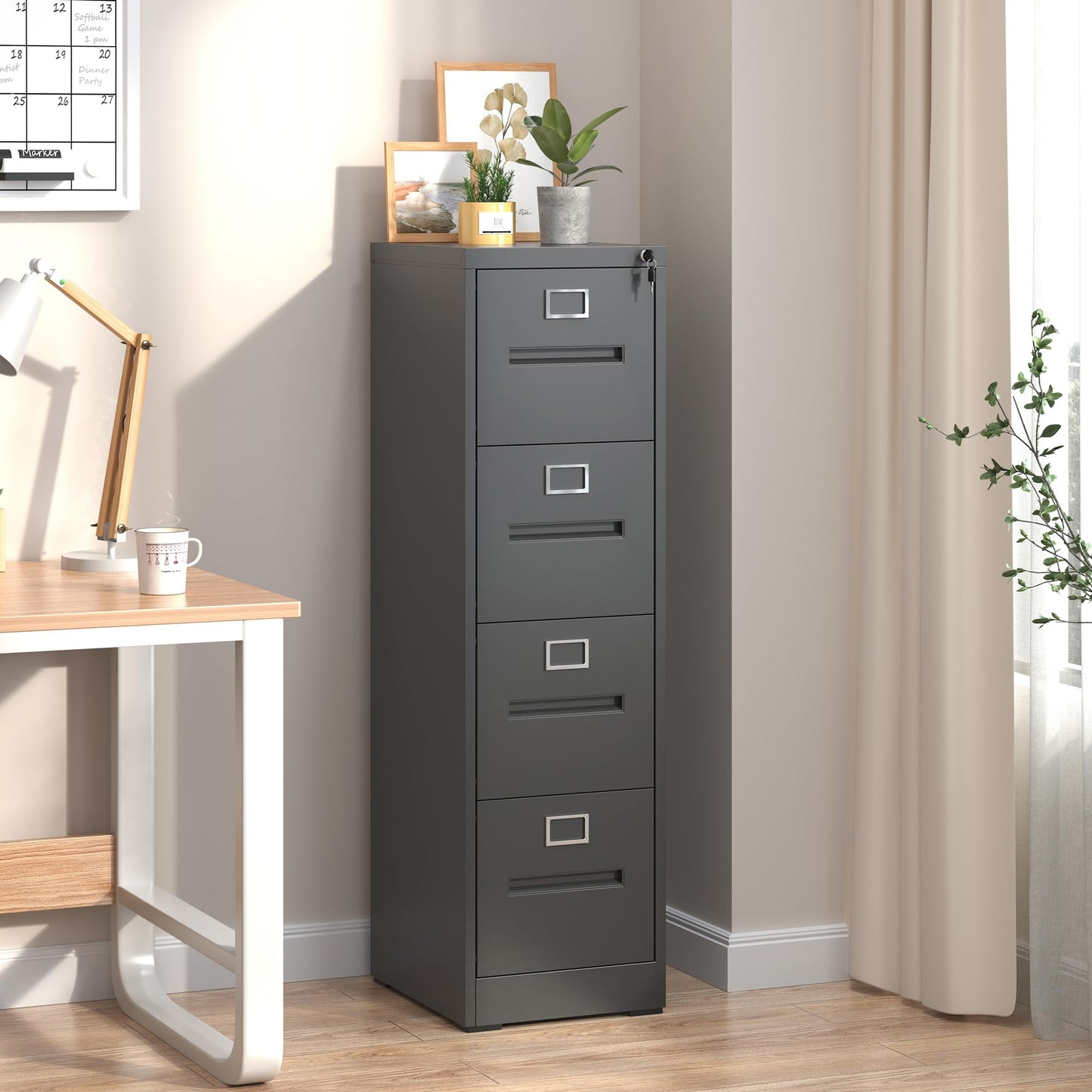 VIYET 52"H 4-Drawer Narrow Metal Vertical File Cabinet with Lock, Black, Fits A4/Letter/Legal, Home Office Steel Filing Cabinet