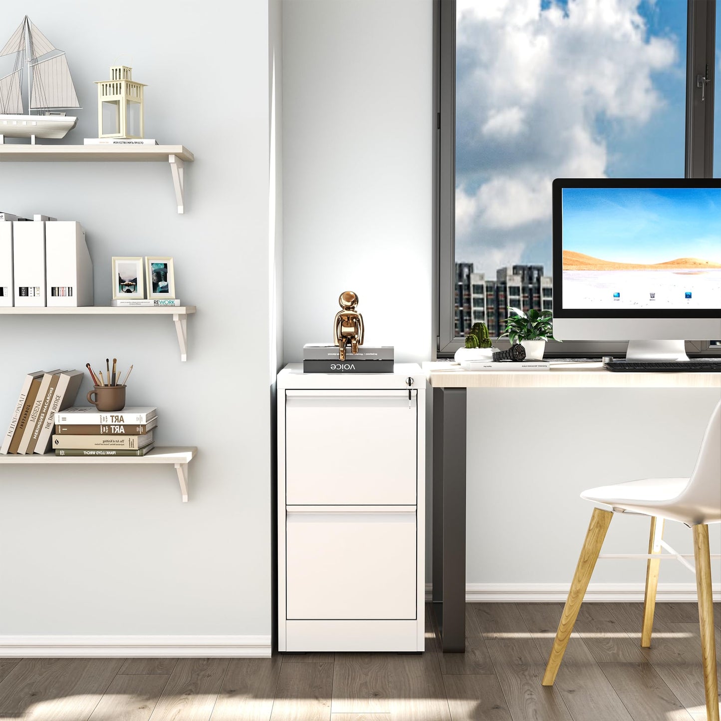 VIYET 28" White Vertical 2-Drawer Metal File Cabinet with Lock, Compact Locking Filing Cabinet for Home Office, Fits Letter, Legal & A4