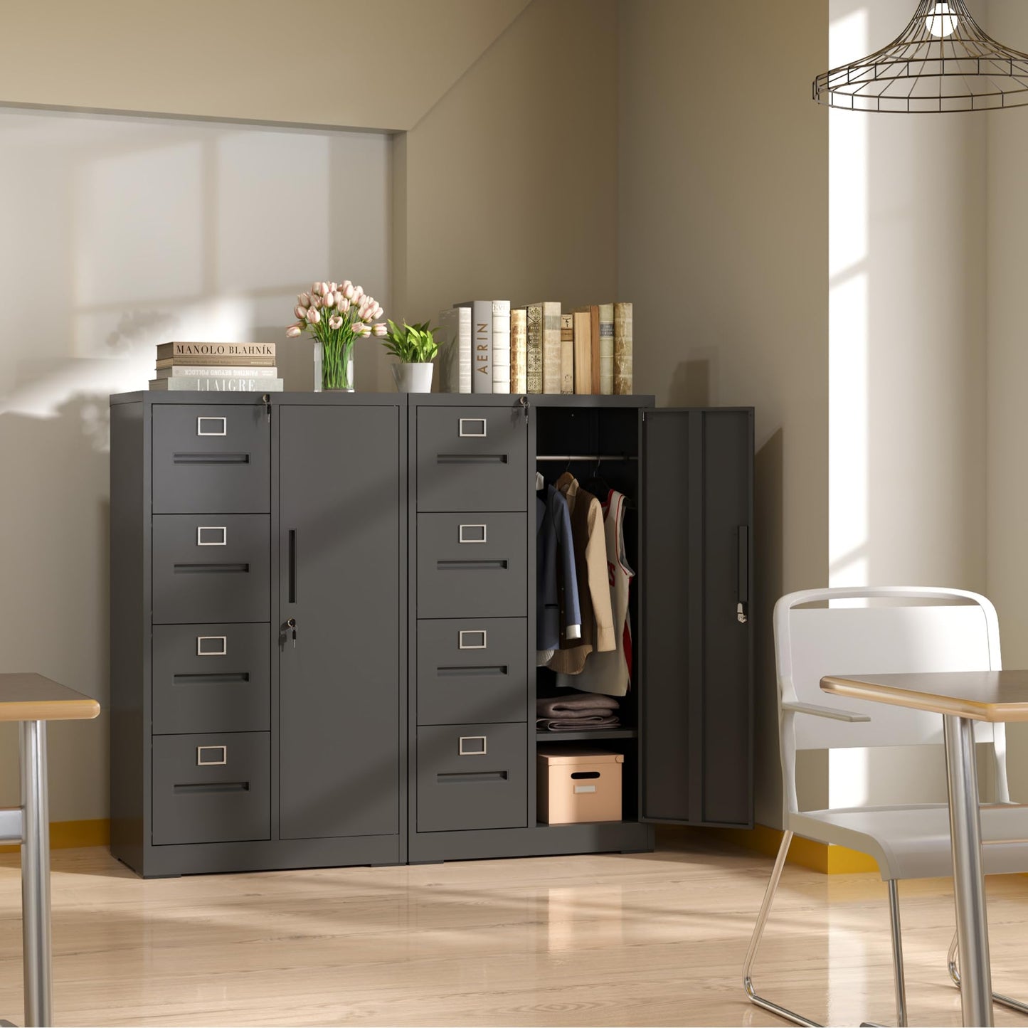VIYET Black Metal Vertical Filing Cabinet with Lock, 4 Drawers & 1 Door Steel Storage Locker for Office Home School Bedroom