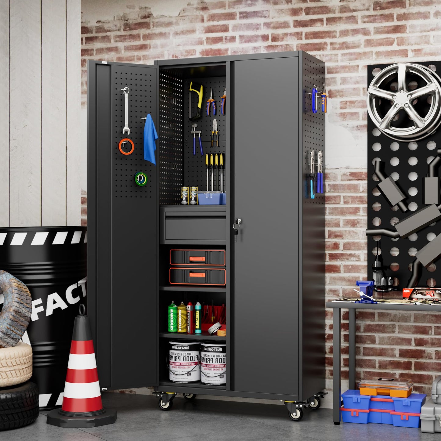VIYET 71"H All-Black Heavy-Duty Metal Garage Storage Cabinet with Wheels, 700LBS Capacity, 2 Locking Doors + 3 Adjustable Shelves for Home/Office/Garage