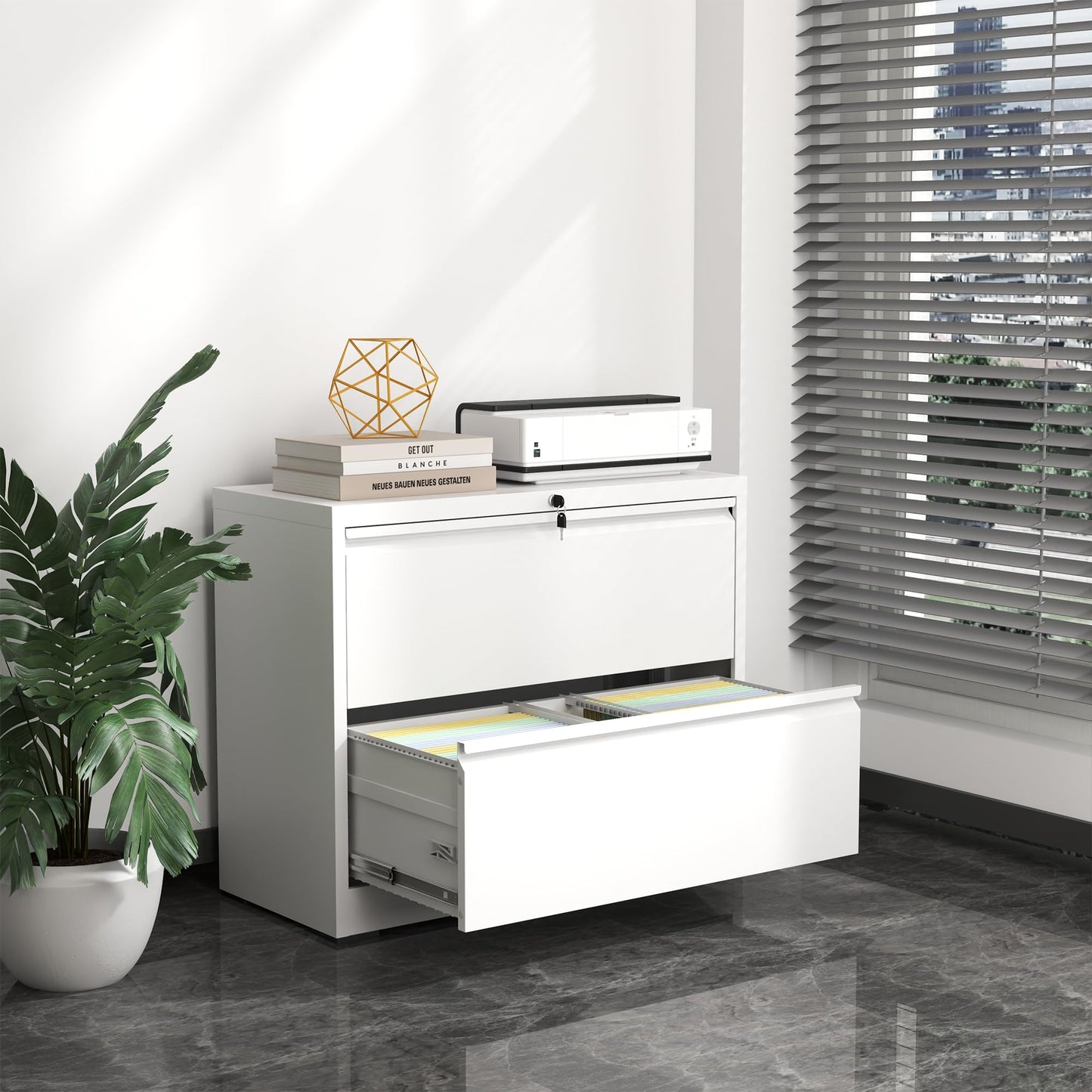 VIYET White Tall Lateral File Cabinet with Lock, 2 Drawer Large Capacity Steel Filing Cabinet for Home Office, Fits Letter, Legal & A4 Files