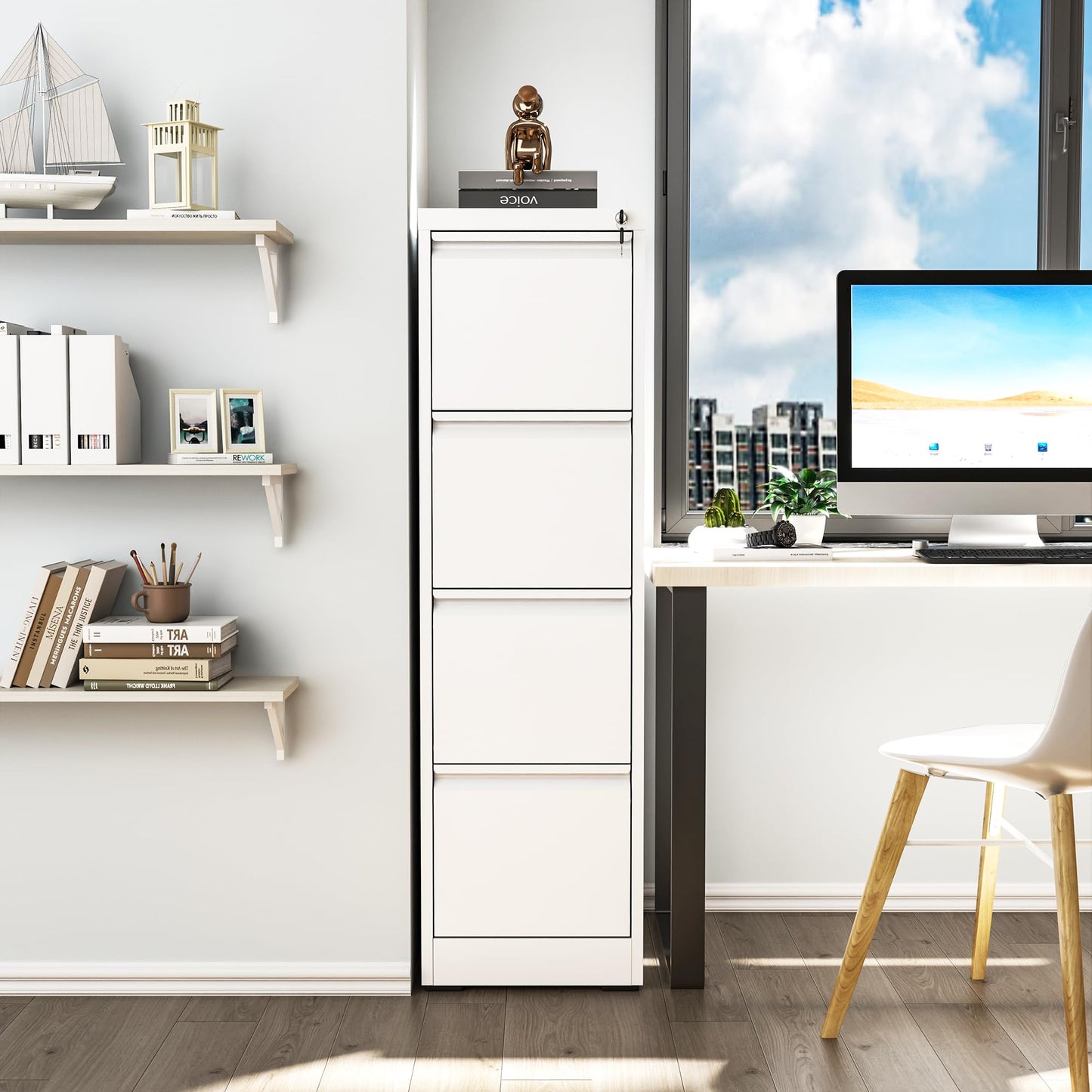 VIYET 52" White Vertical 4-Drawer Metal File Cabinet with Lock, Tall Slim Locking Filing Cabinet for Home Office, Fits Letter, Legal & A4 Files