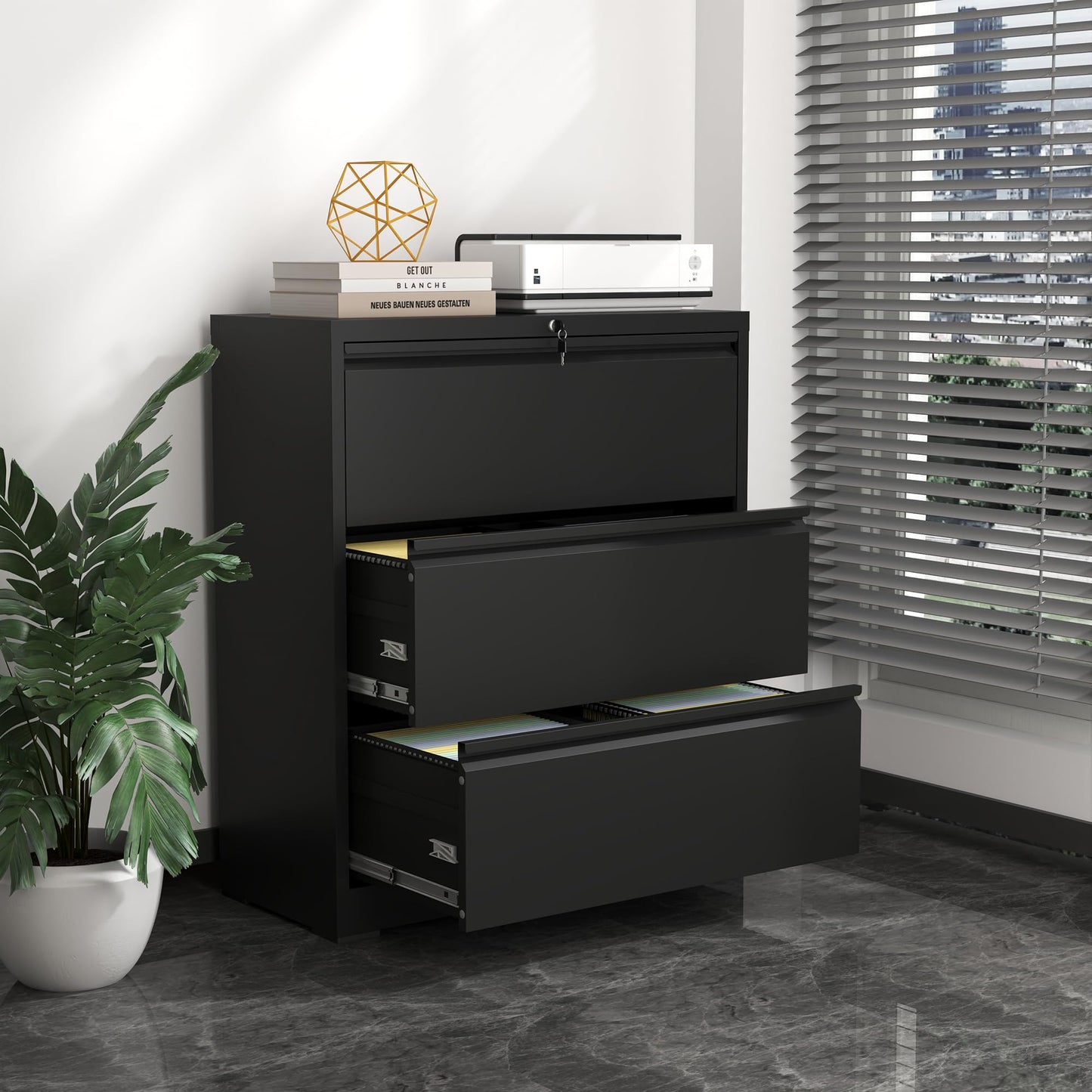 VIYET 40" Tall 3-Drawer Lockable Lateral File Cabinet, Heavy-Duty Metal Office Storage with Silent Full-Extension Drawers and Anti-Tilt, Fits Letter, Legal & A4