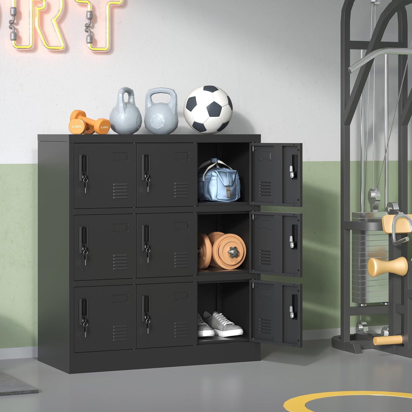 VIYET 9-Door Metal Storage Locker with Lock and Card Slot, Black Freestanding Cabinet for Office, Gym, School & Home Storage