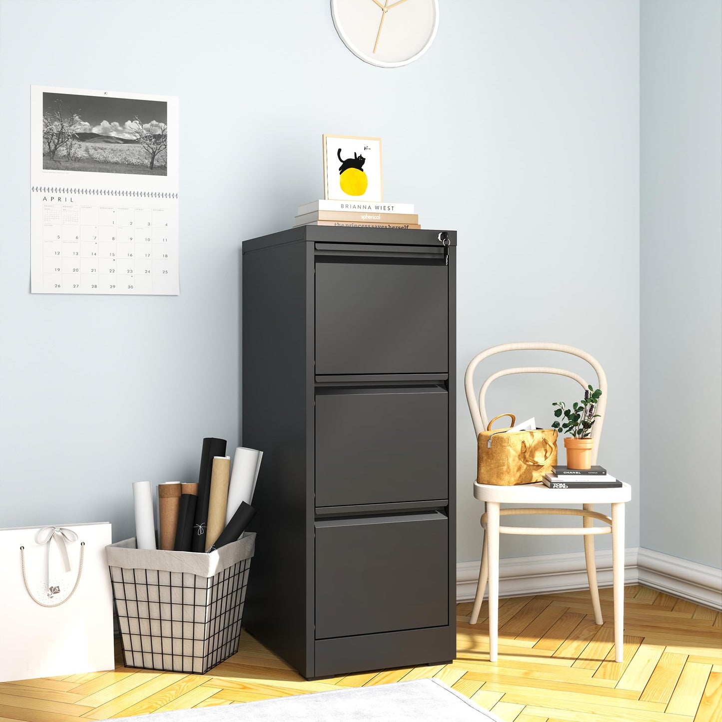 VIYET 40" Black Vertical 3-Drawer Metal File Cabinet with Lock, Tall Locking Filing Cabinet for Home Office, Fits Letter, Legal & A4 Files