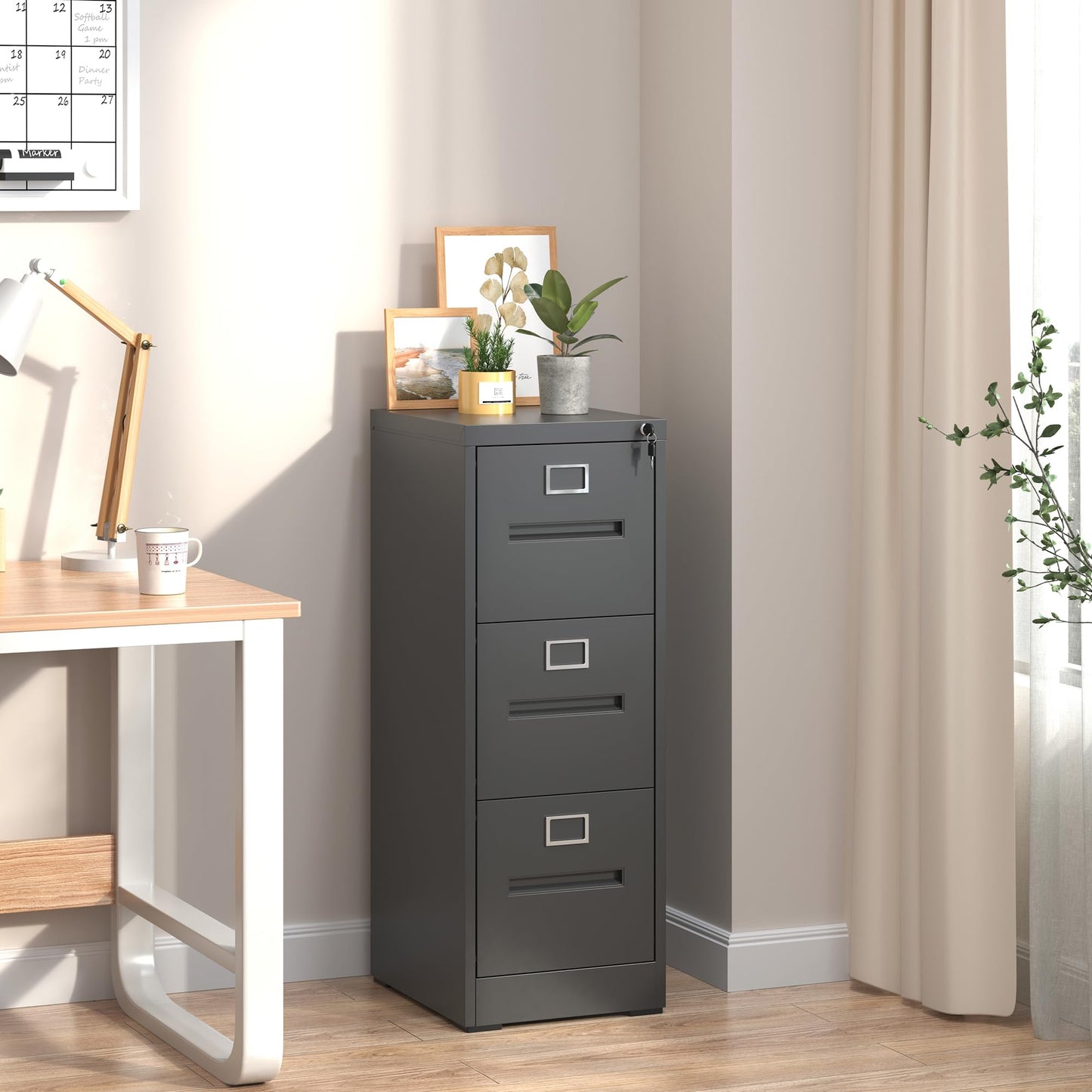 VIYET 40"H 3-Drawer Narrow Metal Vertical File Cabinet with Lock, Fits A4/Letter/Legal, Home Office Filing Steel Cabinet