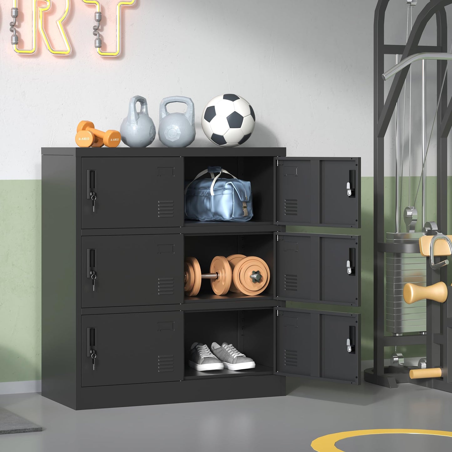 VIYET 6-Door Metal Storage Locker with Lock and Card Slot, Freestanding Office, Gym, School & Home Storage Cabinet, Durable Black Steel