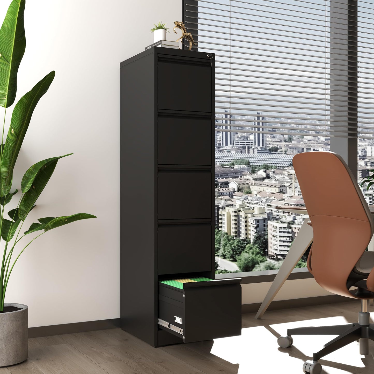 VIYET 64" Black 5-Drawer Vertical Metal File Cabinet with Lock, Tall Locking Filing Cabinet, Fits Letter Legal & A4 Files