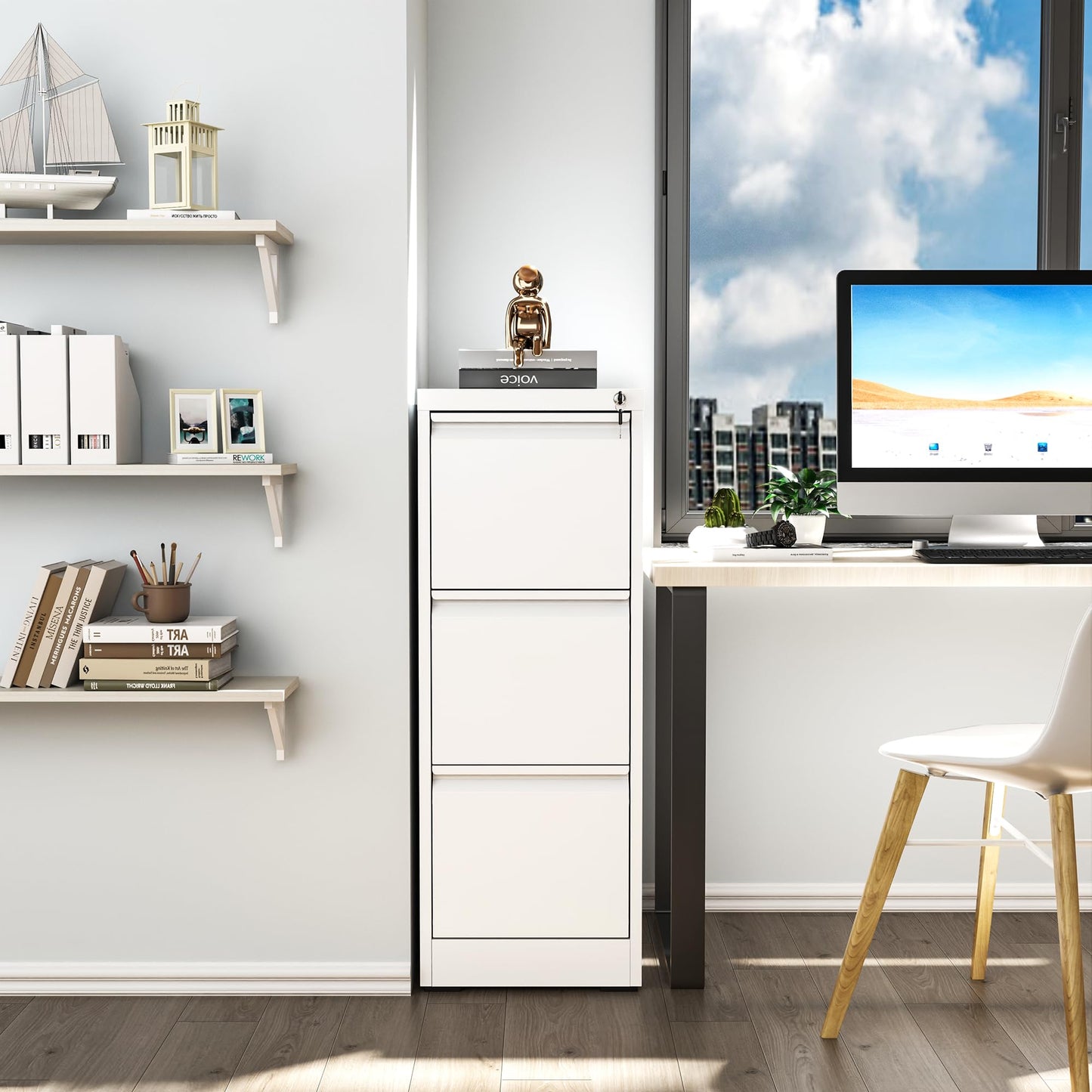 VIYET 40" White Vertical 3-Drawer Metal File Cabinet with Lock, Slim Locking Filing Cabinet for Home Office, Fits Letter, Legal & A4 Files