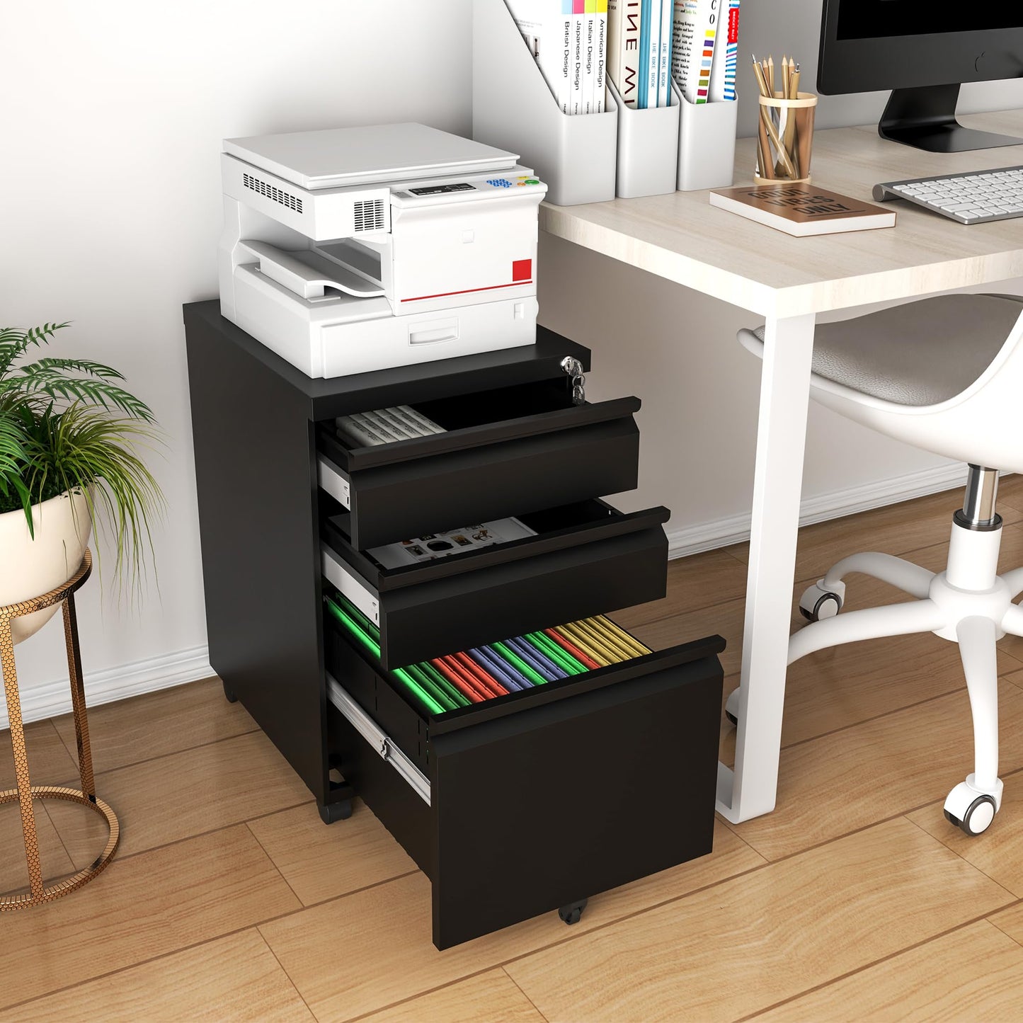 VIYET 2-Drawer Mobile Metal File Cabinet in Antique White with Lock, Rolling Under Desk Storage for Letter, Legal & A4 Files, Fully Assembled Except Wheels
