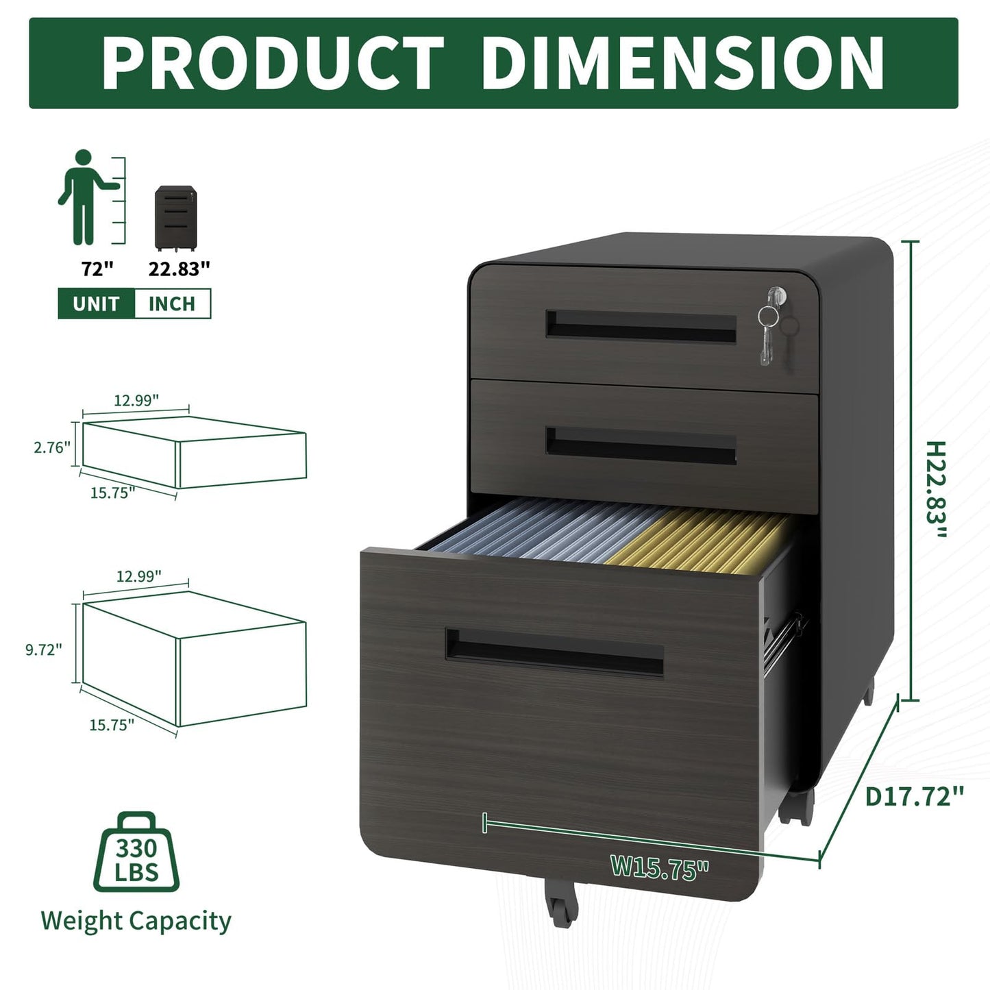 VIYET 23"H Mobile File Cabinet with Lock - All-Steel Fully Assembled, Anti-Tip Design & Locking Casters, Fits A4/Letter, for Home/Office (Black+White)