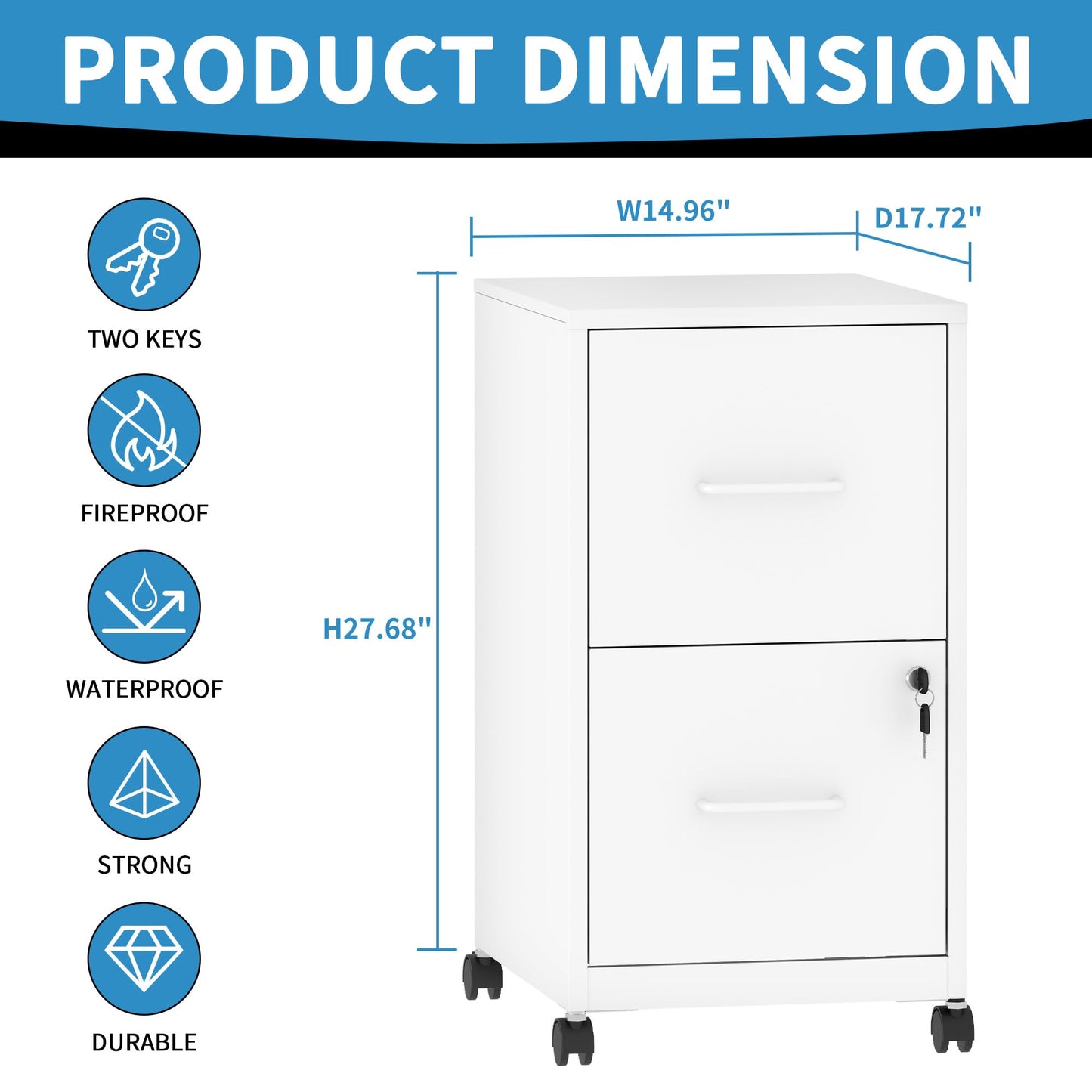 VIYET Mobile 2-Drawer Metal File Cabinet with Lock & Wheels, Rolling Under Desk Filing Cabinet for Home Office Storage