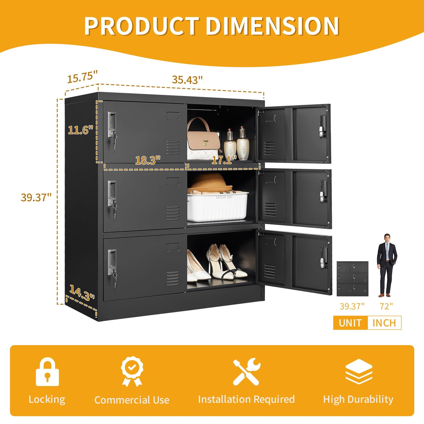 VIYET 6-Door Metal Storage Locker with Lock and Card Slot, Freestanding Office, Gym, School & Home Storage Cabinet, Durable Black Steel