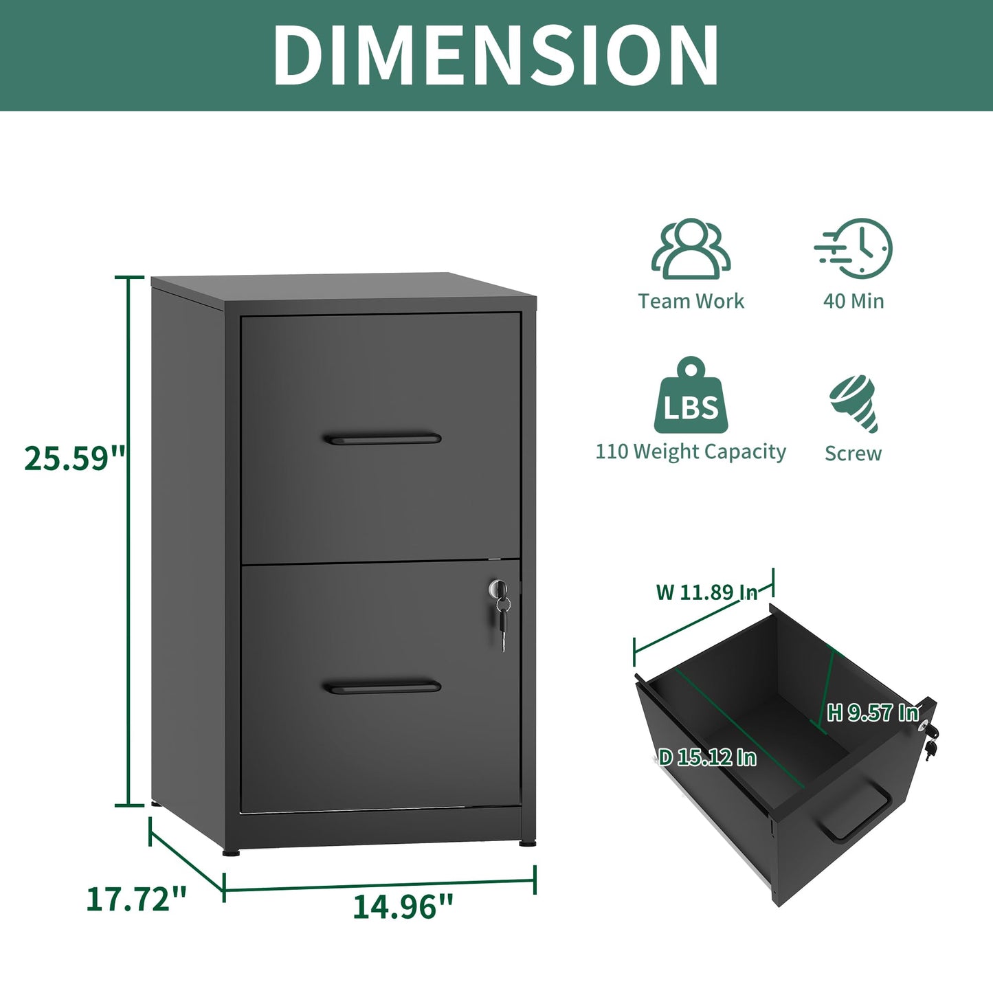 VIYET 26"H 2-Drawer Metal Vertical File Cabinet with Lock,Heavy-Duty Filing Cabinet for Home Office,Fits Letter/Legal/A4/F4 (Assembly Required)