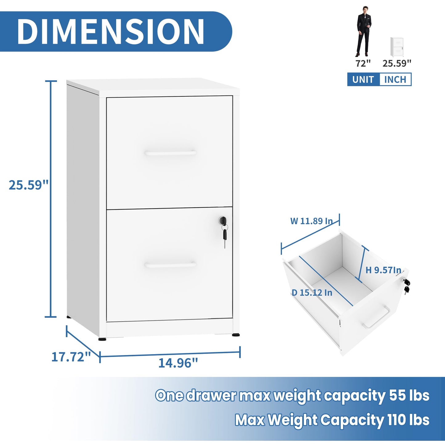 VIYET 26"H 2-Drawer Metal Vertical File Cabinet with Lock,Heavy-Duty Filing Cabinet for Home Office,Fits Letter/Legal/A4/F4 (Assembly Required)