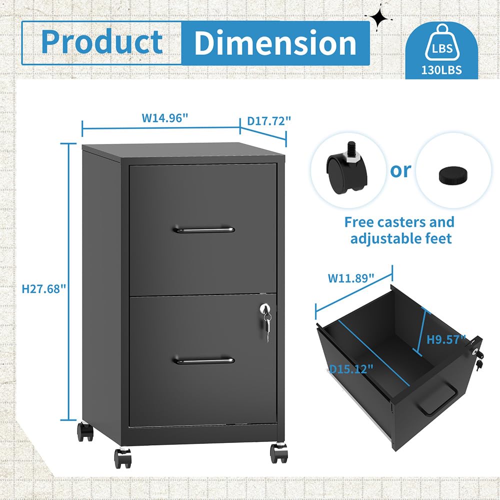 VIYET Mobile 2-Drawer Metal File Cabinet with Lock & Wheels, Rolling Under Desk Filing Cabinet for Home Office Storage
