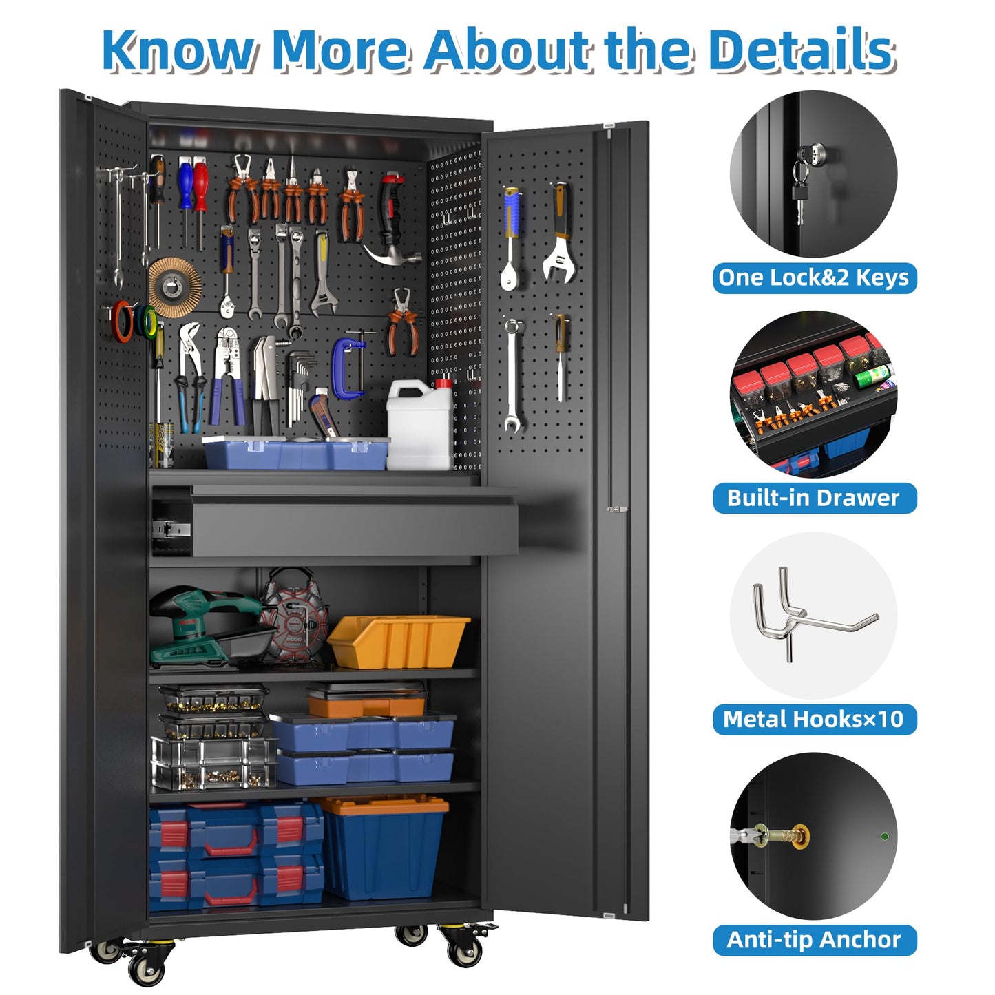 VIYET 71"H All-Black Heavy-Duty Metal Garage Storage Cabinet with Wheels, 700LBS Capacity, 2 Locking Doors + 3 Adjustable Shelves for Home/Office/Garage