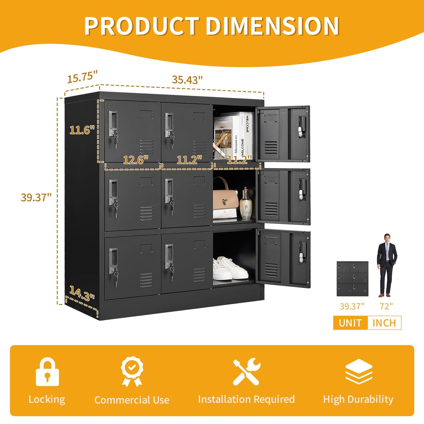 VIYET 9-Door Metal Storage Locker with Lock and Card Slot, Black Freestanding Cabinet for Office, Gym, School & Home Storage