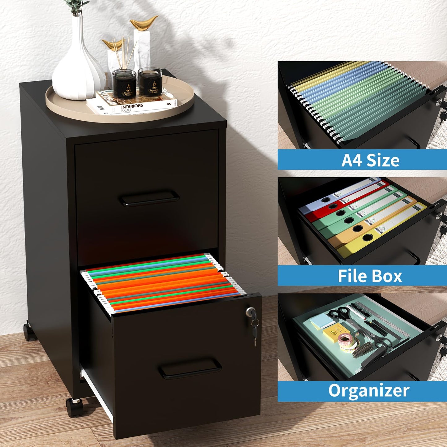 VIYET Mobile 2-Drawer Metal File Cabinet with Lock & Wheels, Rolling Under Desk Filing Cabinet for Home Office Storage