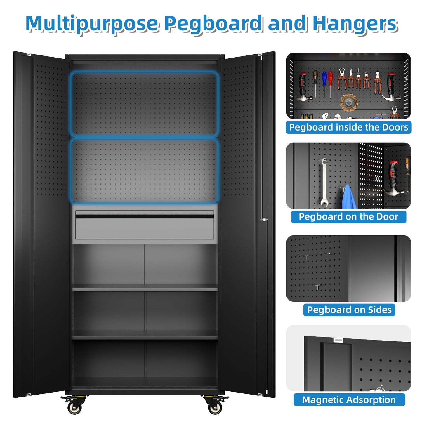 VIYET 71"H All-Black Heavy-Duty Metal Garage Storage Cabinet with Wheels, 700LBS Capacity, 2 Locking Doors + 3 Adjustable Shelves for Home/Office/Garage