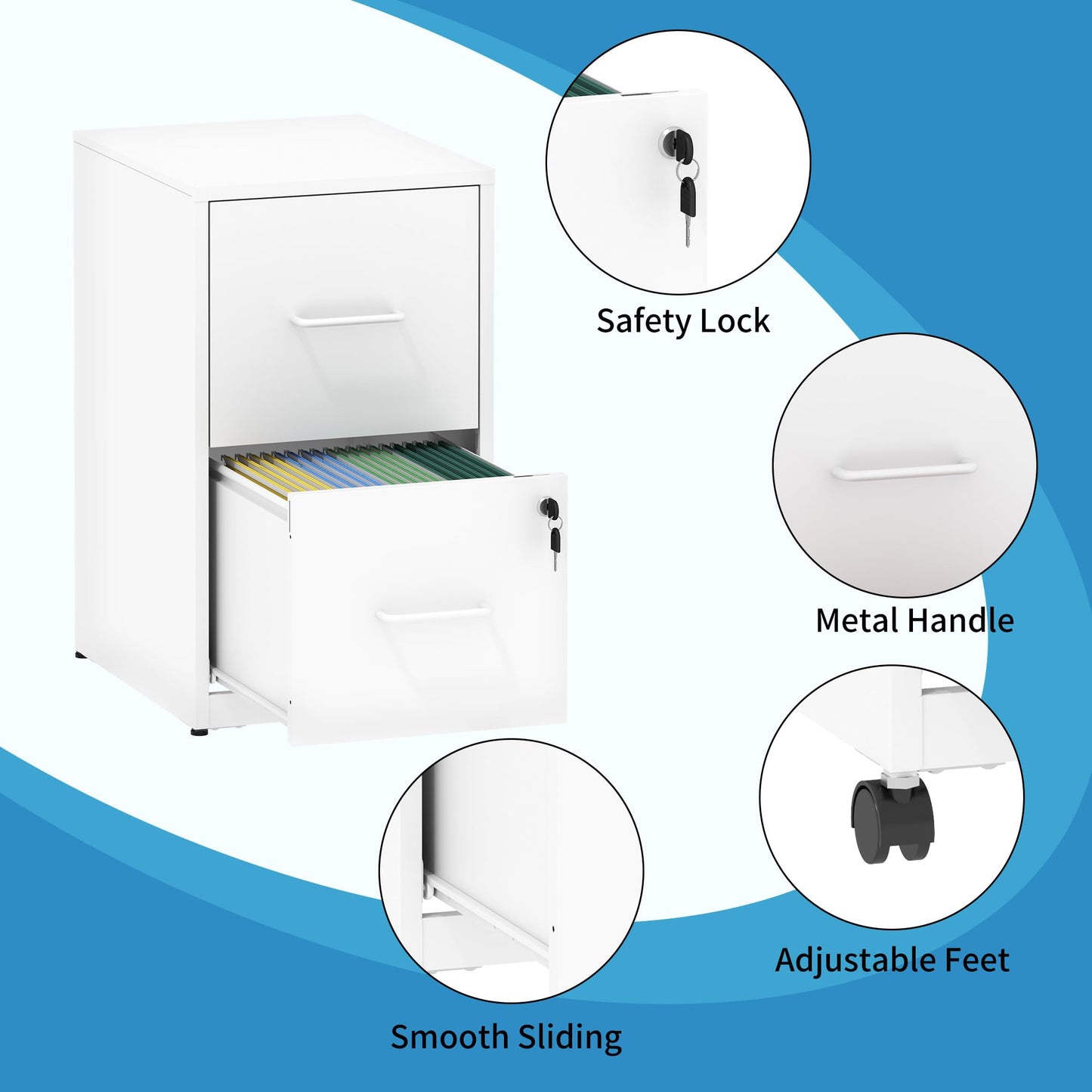 VIYET 25"H 2-Drawer Mobile Lockable File Cabinet with Wheels, Metal Under Desk Rolling Cabinet Fits Letter/Legal/A4