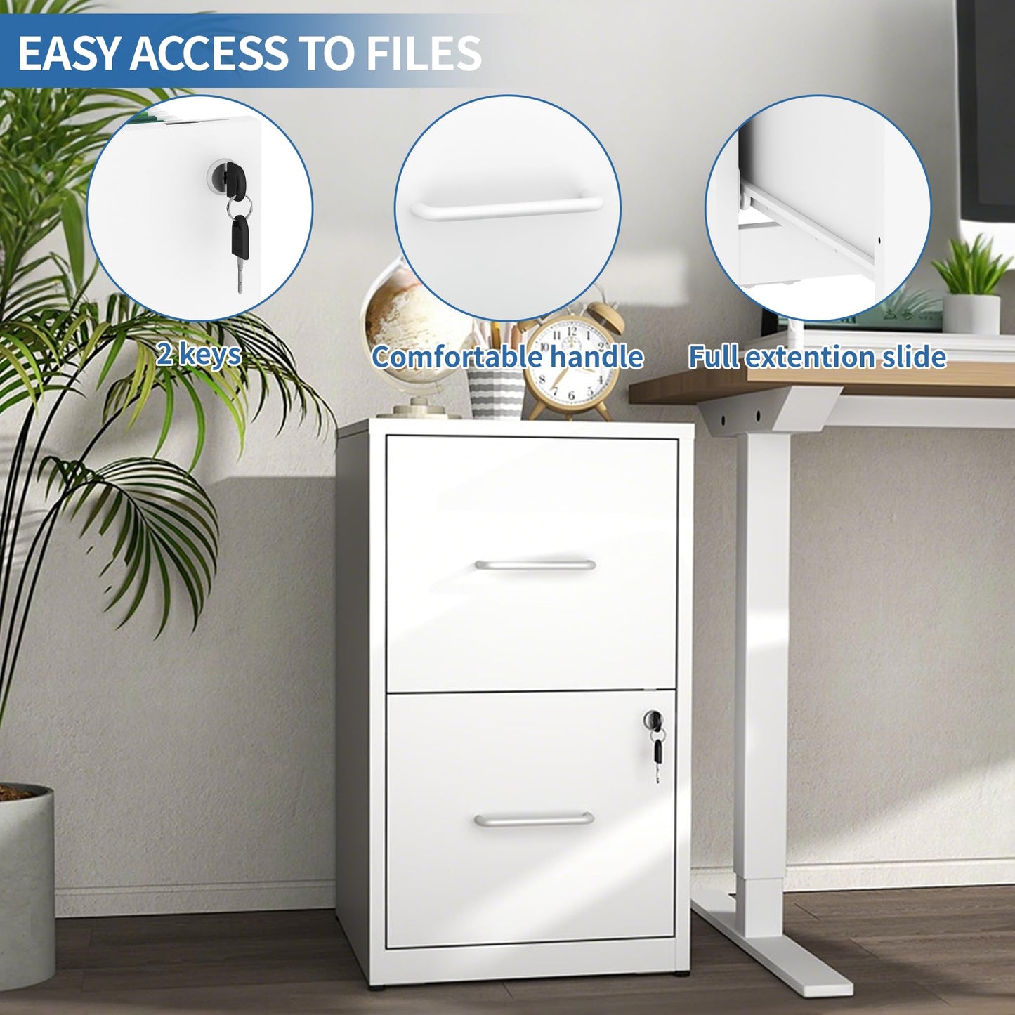 VIYET 25" White 2-Drawer Metal File Cabinet with Lock, Vertical Filing Cabinet for Home Office, Fits Letter Legal & A4 Files