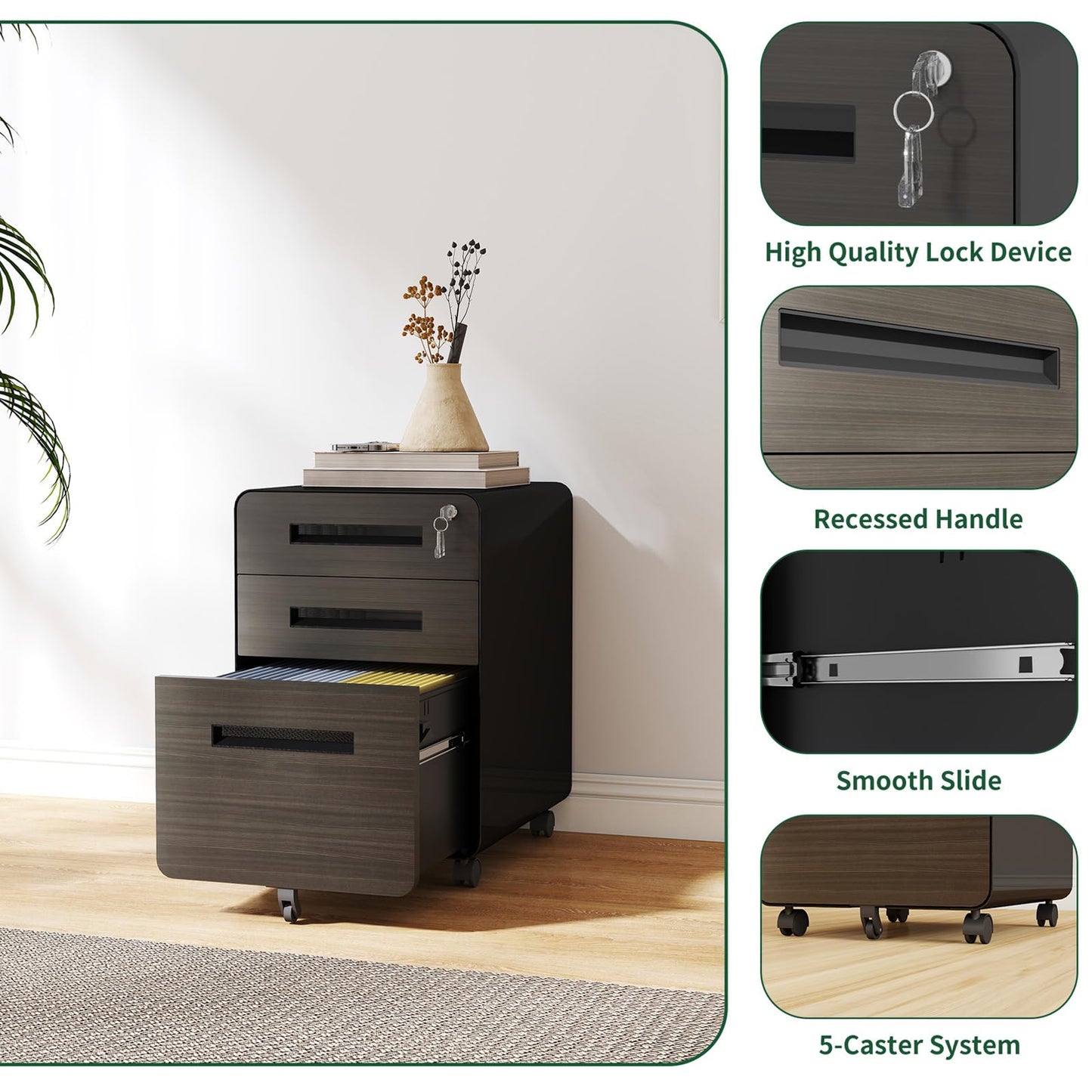 VIYET 23"H Mobile File Cabinet with Lock - All-Steel Fully Assembled, Anti-Tip Design & Locking Casters, Fits A4/Letter, for Home/Office (Black+White)