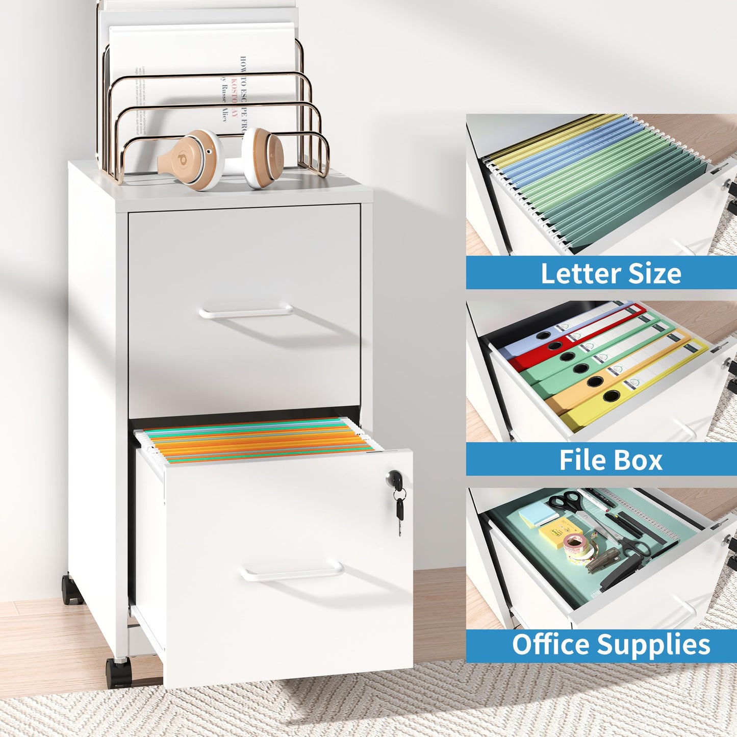 VIYET 25"H 2-Drawer Mobile Lockable File Cabinet with Wheels, Metal Under Desk Rolling Cabinet Fits Letter/Legal/A4