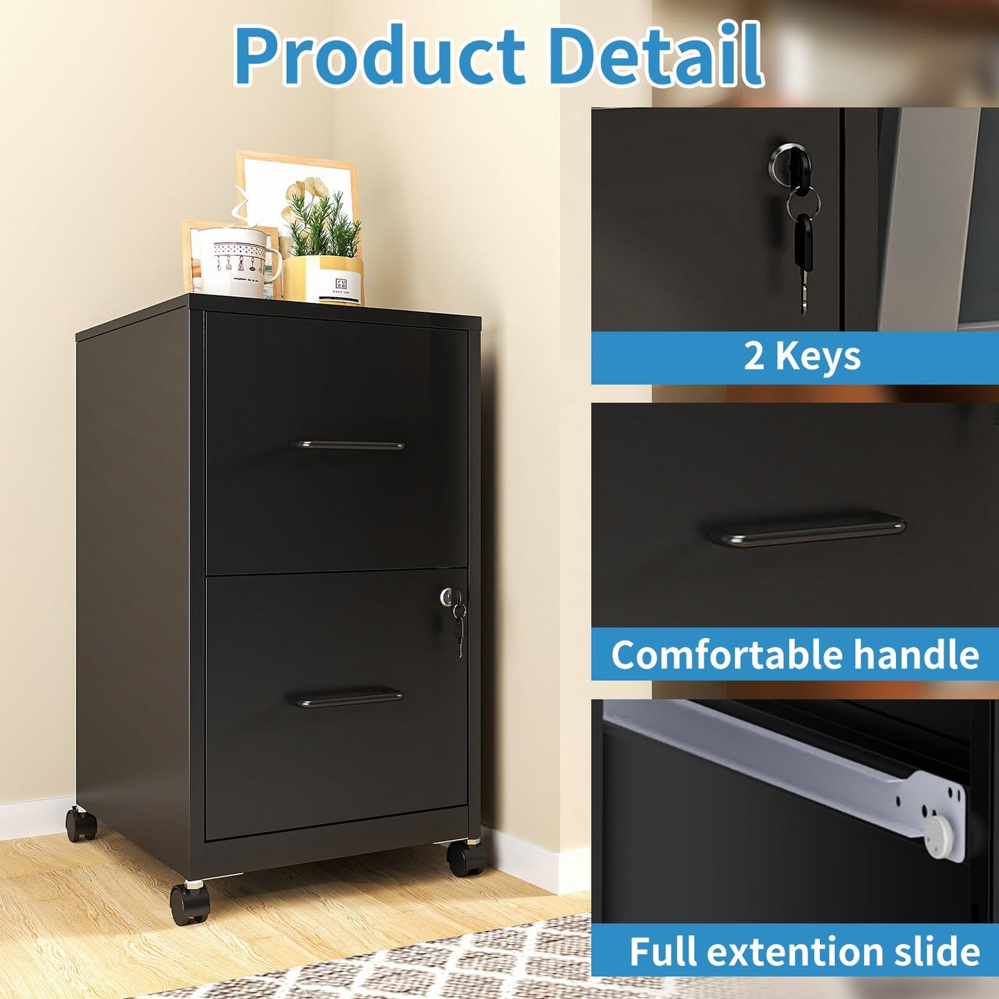 VIYET Mobile 2-Drawer Metal File Cabinet with Lock & Wheels, Rolling Under Desk Filing Cabinet for Home Office Storage