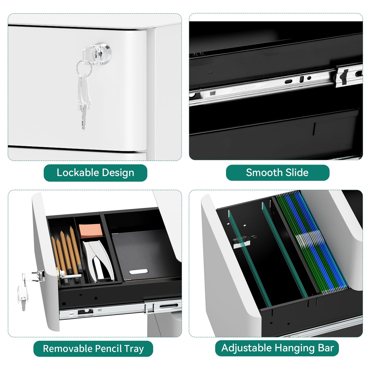 VIYET 3-Drawer Mobile File Cabinet with Lock - All-Steel Anti-Tip Design, Shallow + Deep Drawer, White for Office/Home (Fits A4/Letter)