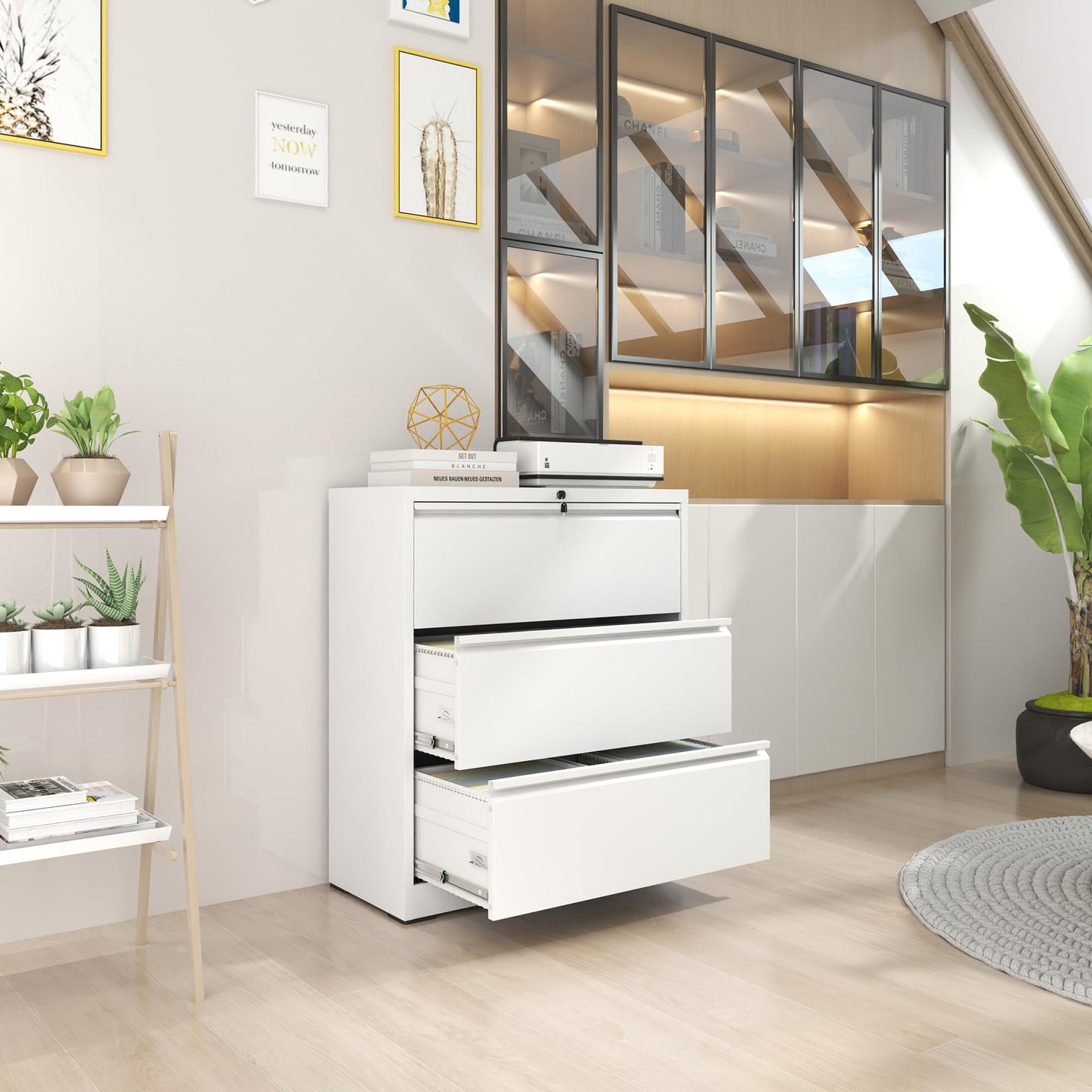 VIYET - 35"W 3-Drawer Lateral File Cabinet with Lock, Metal Filing Cabinet for Home Office, Fits Legal/Letter/A4/F4, White