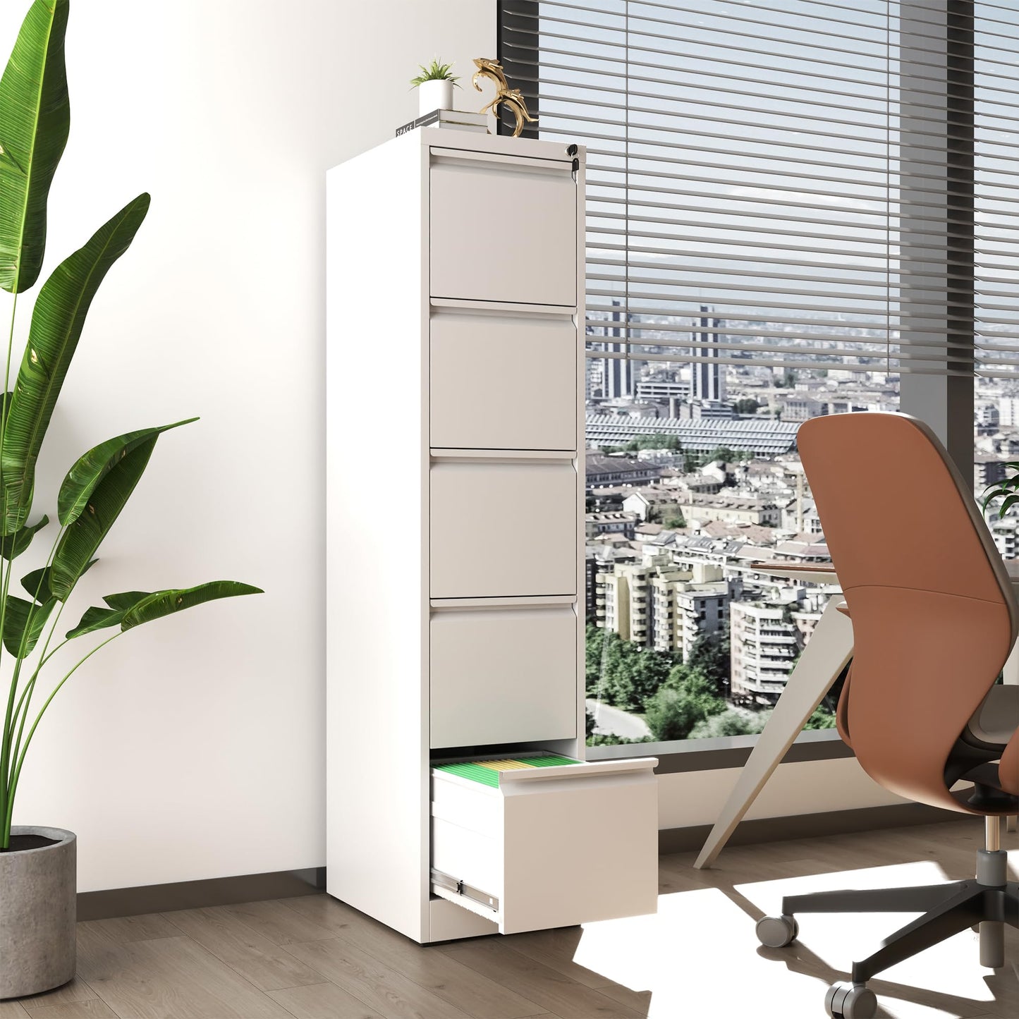 VIYET 64" White 5-Drawer Vertical Metal File Cabinet with Lock, Tall Locking Filing Cabinet, Fits Letter Legal & A4 Files