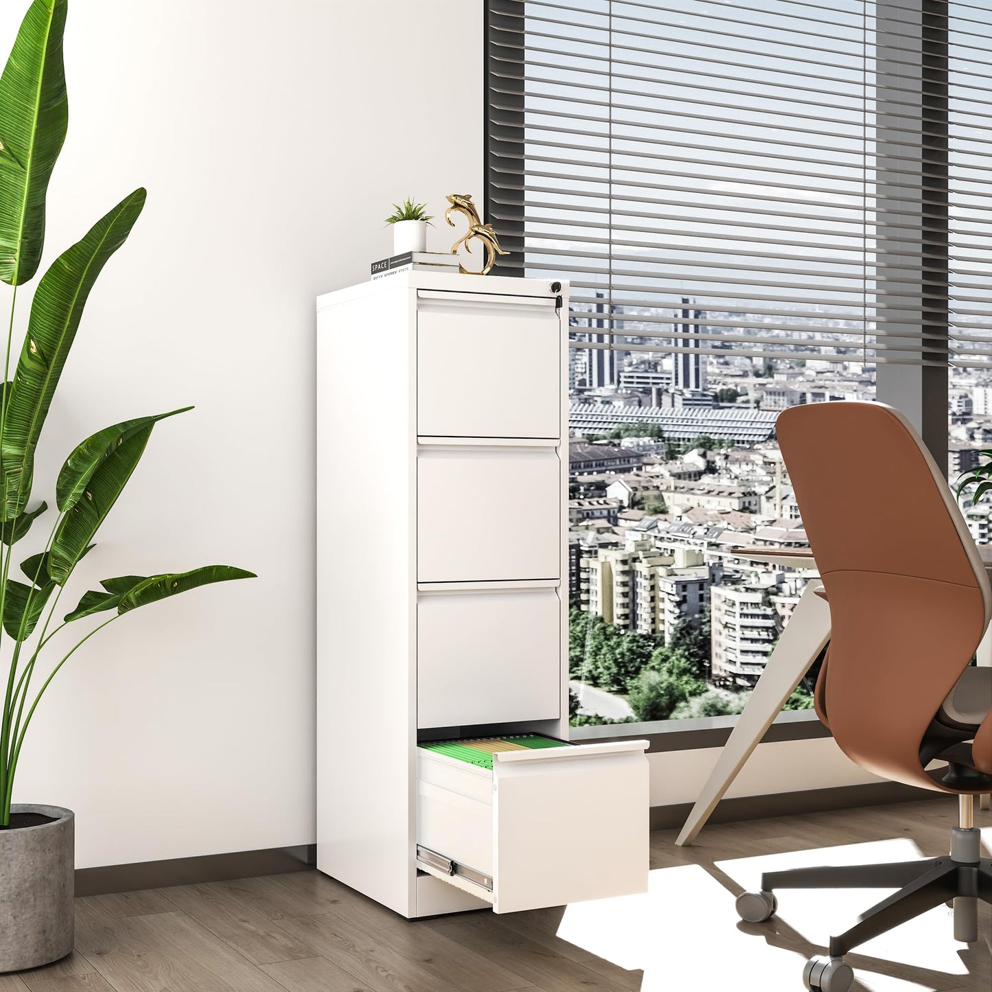 VIYET 52" White Vertical 4-Drawer Metal File Cabinet with Lock, Tall Slim Locking Filing Cabinet for Home Office, Fits Letter, Legal & A4 Files