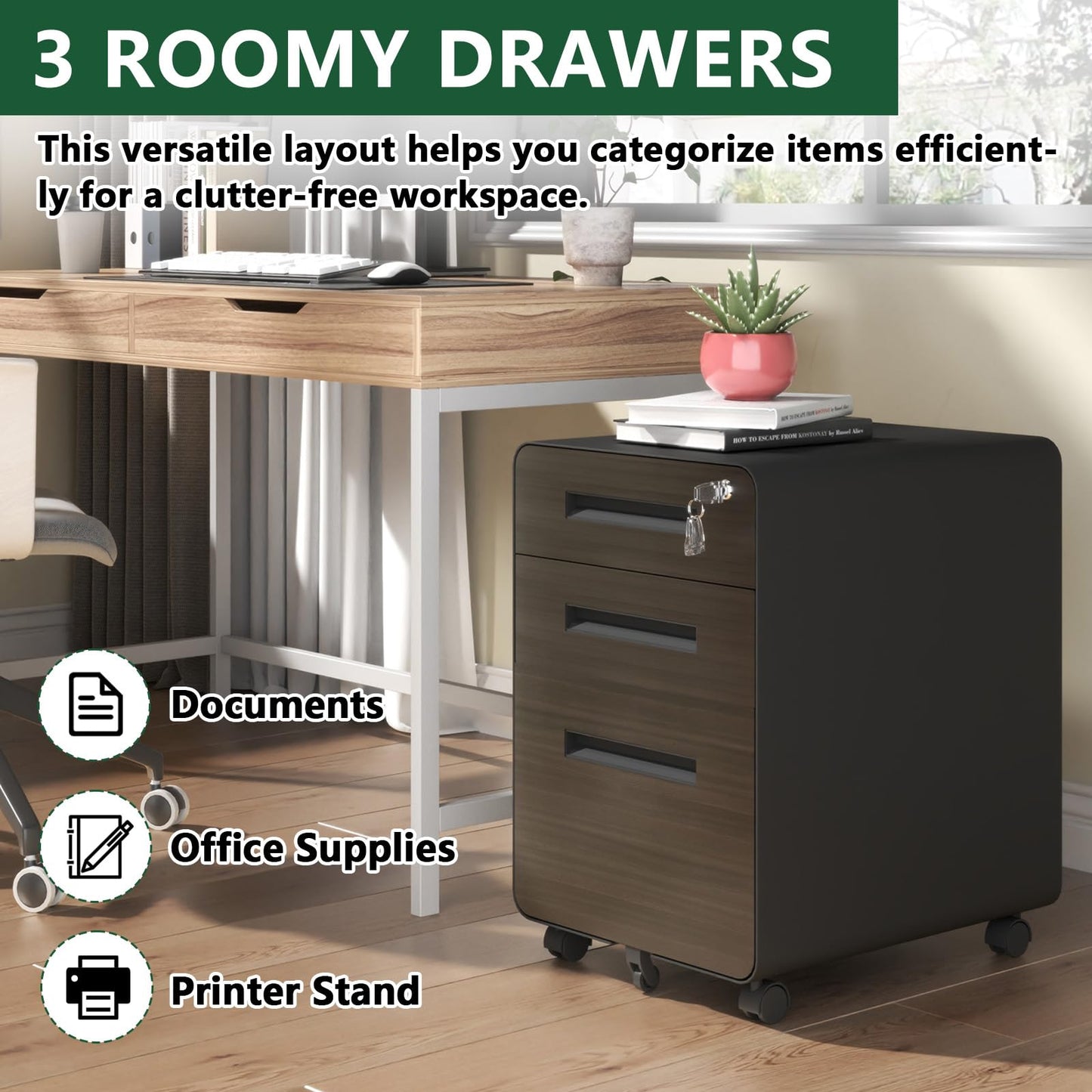VIYET 23"H Mobile File Cabinet with Lock - All-Steel Fully Assembled, Anti-Tip Design & Locking Casters, Fits A4/Letter, for Home/Office (Black+White)