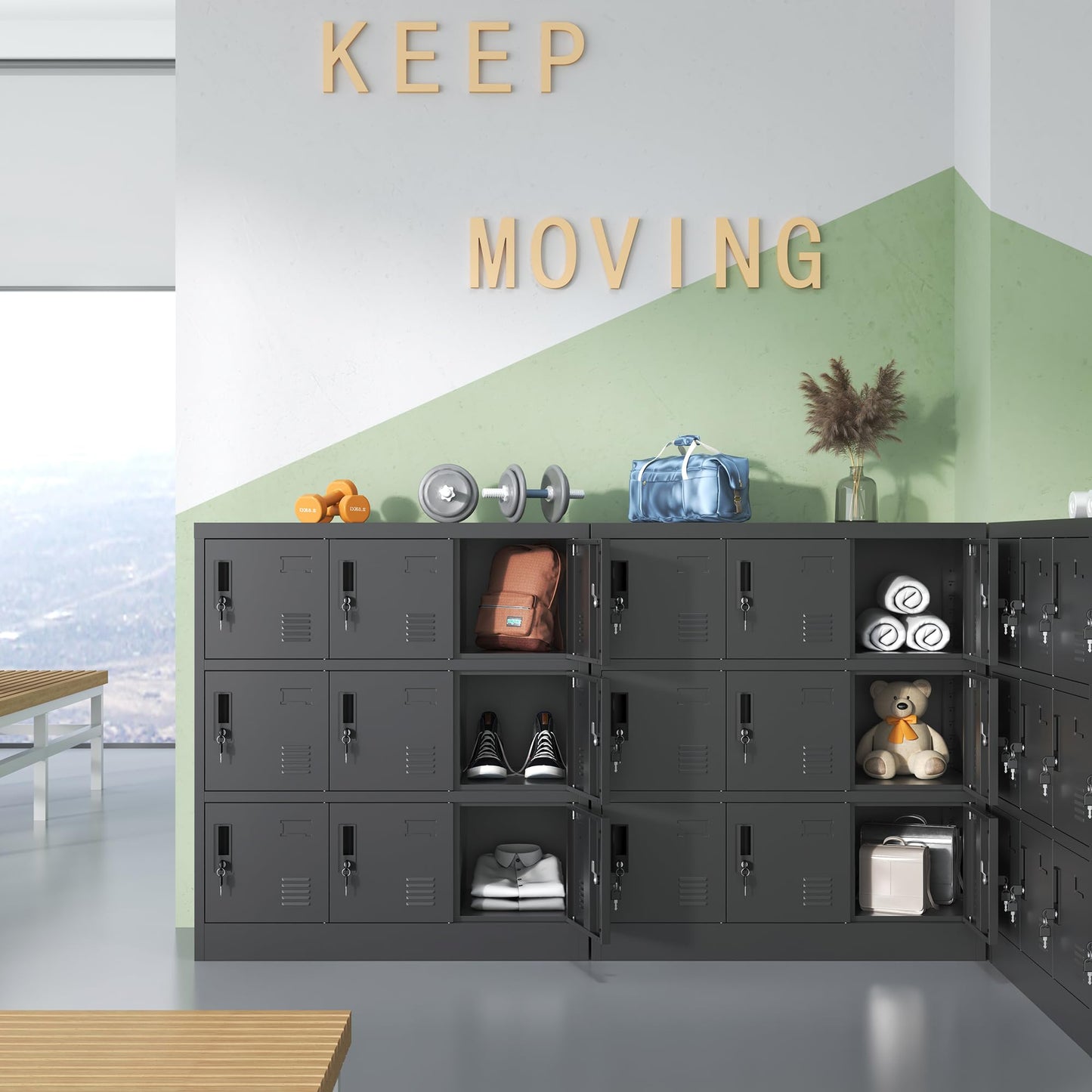 VIYET 9-Door Metal Storage Locker with Lock and Card Slot, Black Freestanding Cabinet for Office, Gym, School & Home Storage
