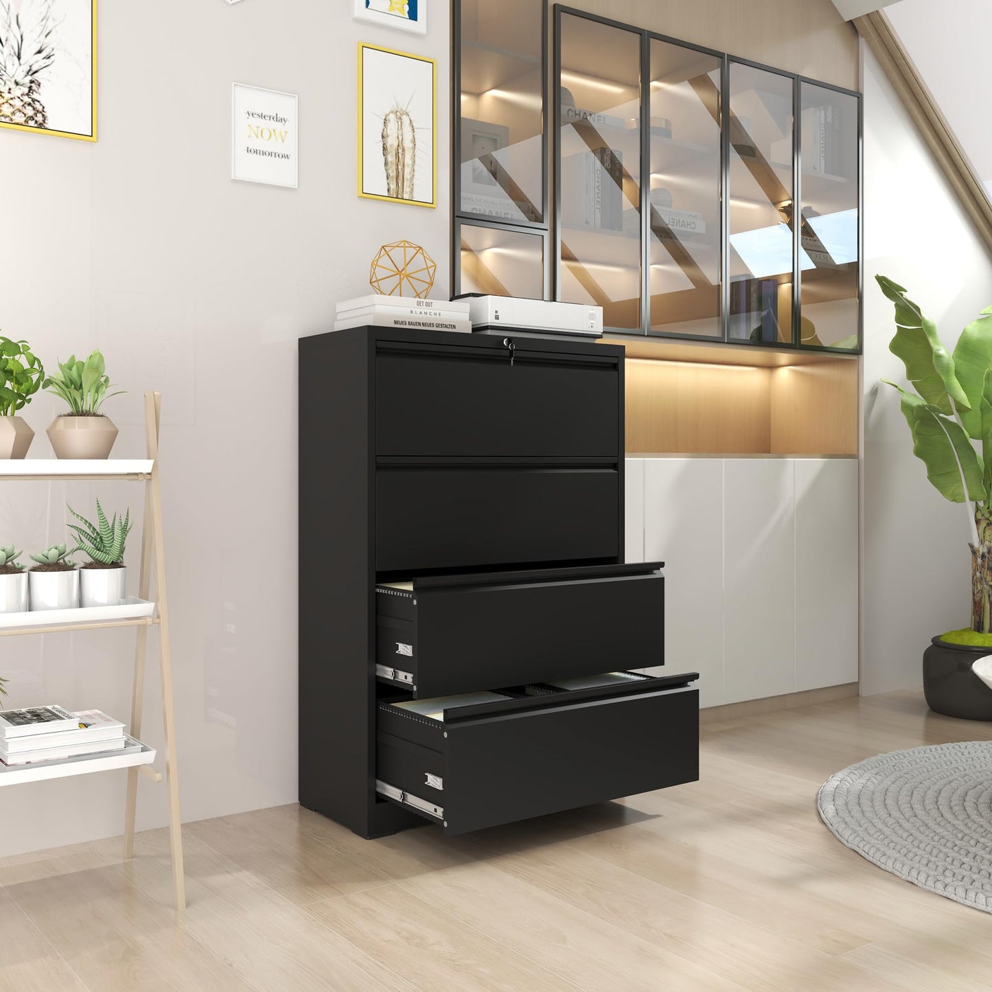 VIYET 4-Drawer Lateral File Cabinet with Lock - Tall Heavy-Duty Metal Filing Cabinet for Home Office, 110lbs/Drawer, Quiet Full-Extension Slides, Fits Letter/Legal/A4/F4