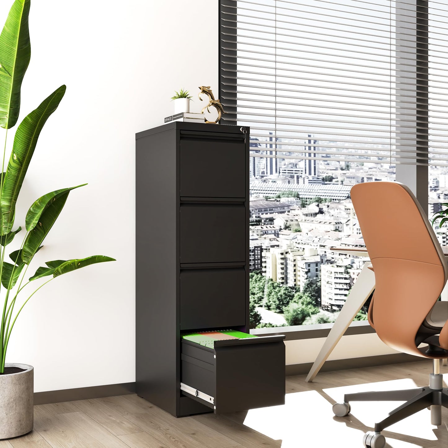 VIYET 52" Black Vertical 4-Drawer Metal File Cabinet with Lock, Tall Slim Locking Filing Cabinet for Home Office, Fits Letter, Legal & A4 Files
