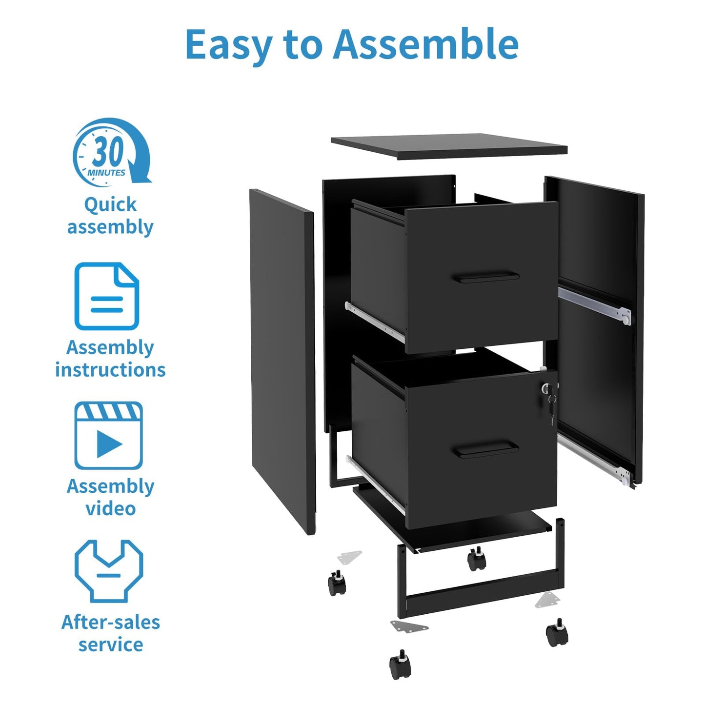 VIYET Mobile 2-Drawer Metal File Cabinet with Lock & Wheels, Rolling Under Desk Filing Cabinet for Home Office Storage