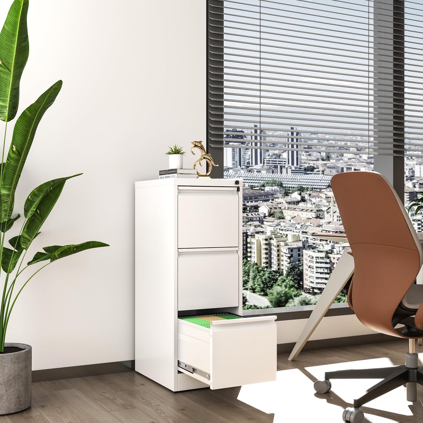 VIYET 40" White Vertical 3-Drawer Metal File Cabinet with Lock, Slim Locking Filing Cabinet for Home Office, Fits Letter, Legal & A4 Files