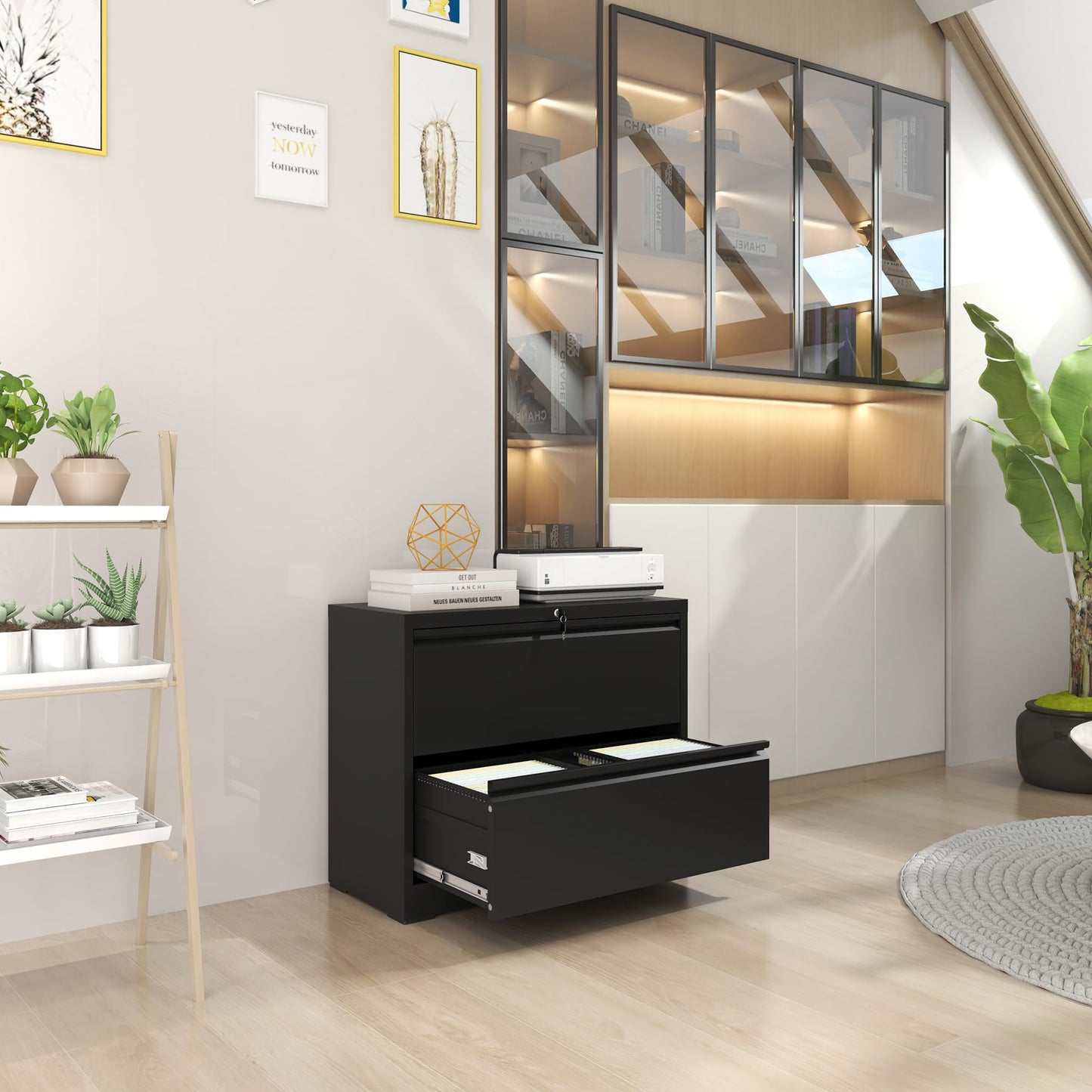 VIYET 28" 2-Drawer White Lateral File Cabinet with Lock - Heavy-Duty Steel Storage for Letter/Legal/A4/F4, 110lbs Per Drawer, Under Desk, Modern