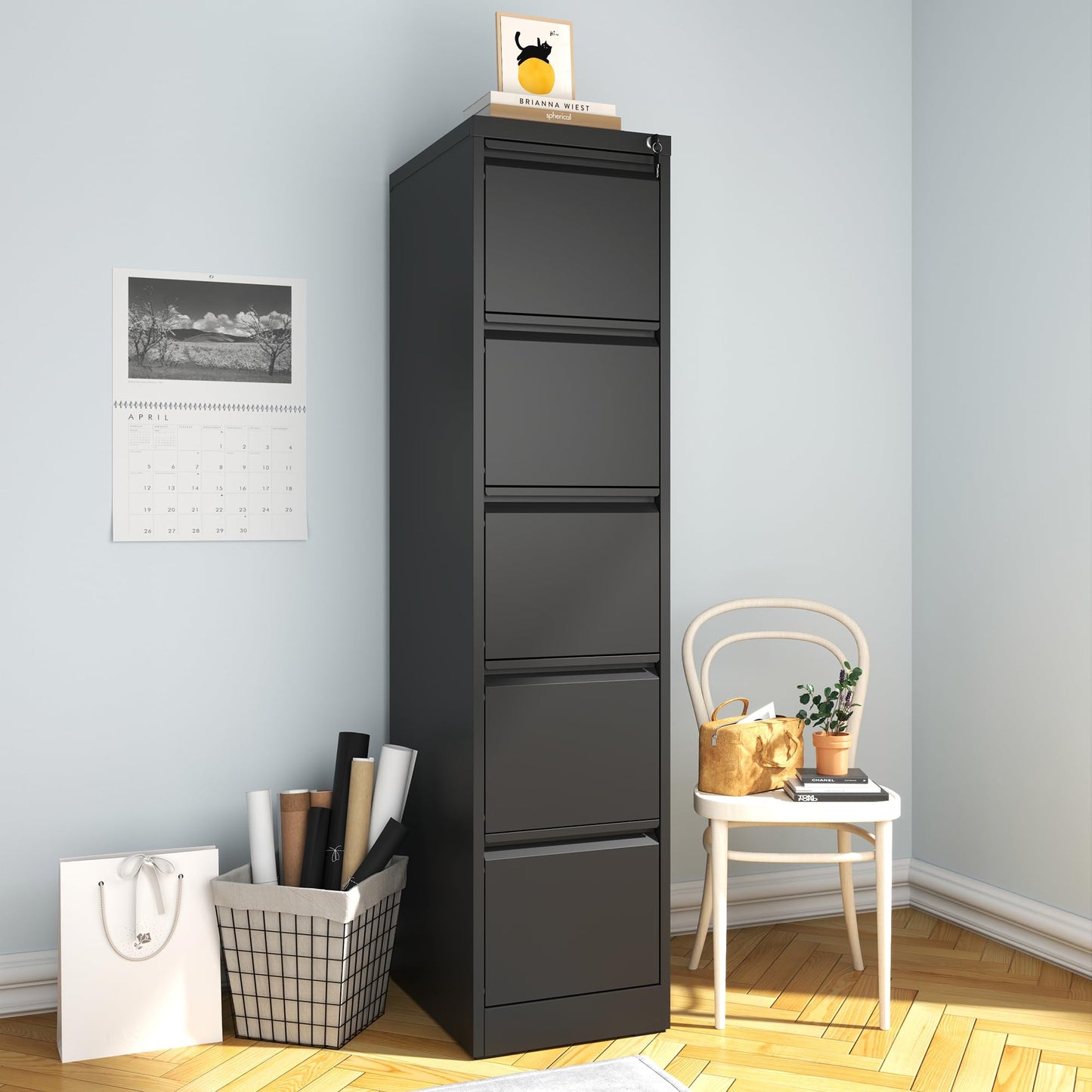 VIYET 64" Black 5-Drawer Vertical Metal File Cabinet with Lock, Tall Locking Filing Cabinet, Fits Letter Legal & A4 Files